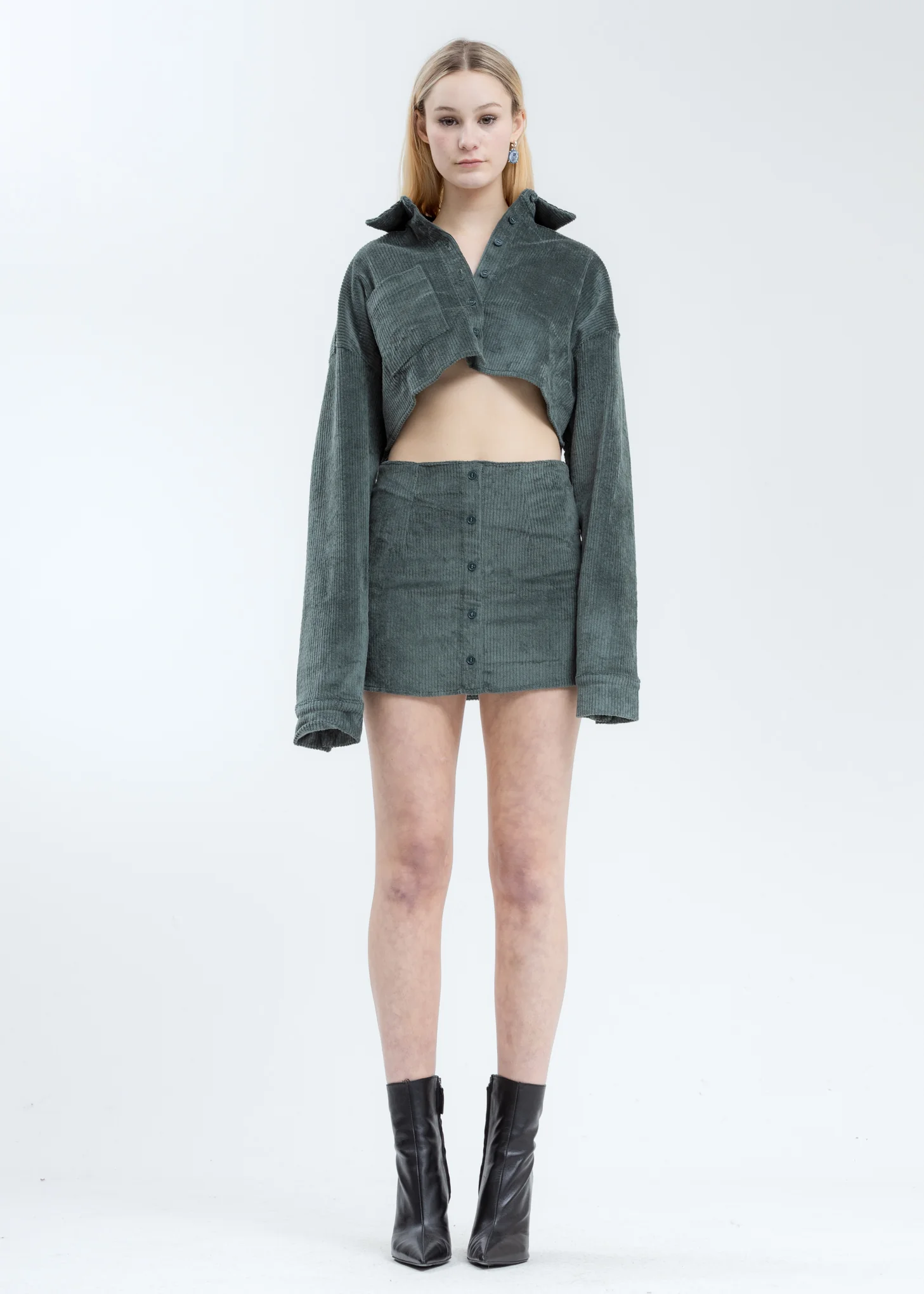 Dark Green Corduroy Button Up Cropped Top - Image 5