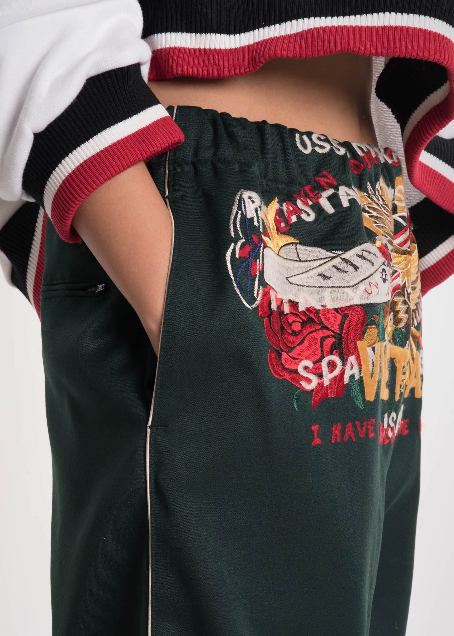 Dark Green Embroidery Track Pants - Image 2