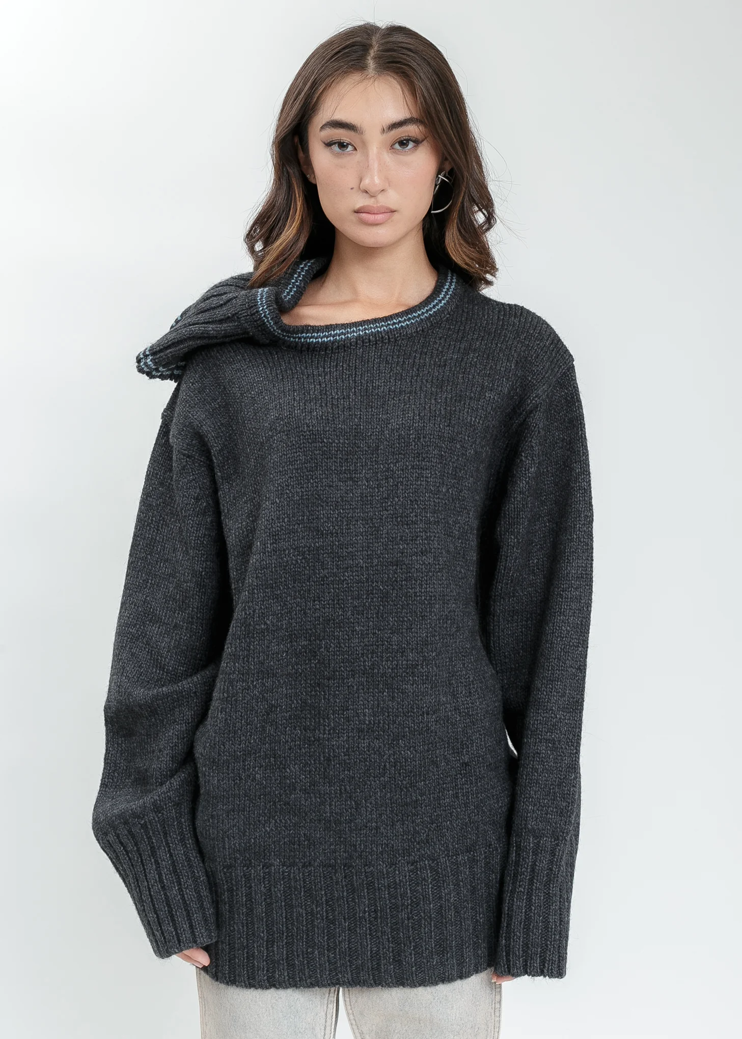Dark Grey  Double Neck Oversized Knit Sweater - Image 2