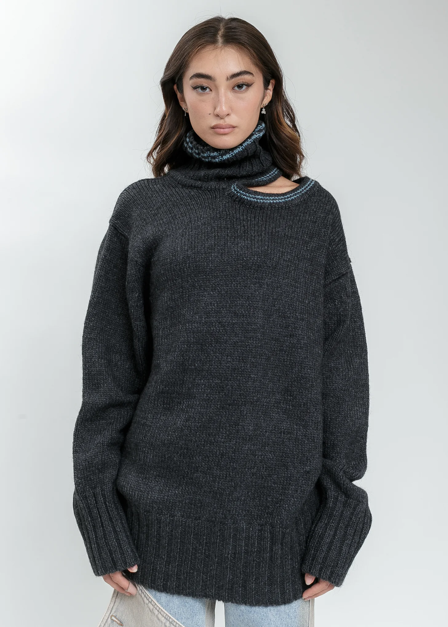 Dark Grey  Double Neck Oversized Knit Sweater - Image 3
