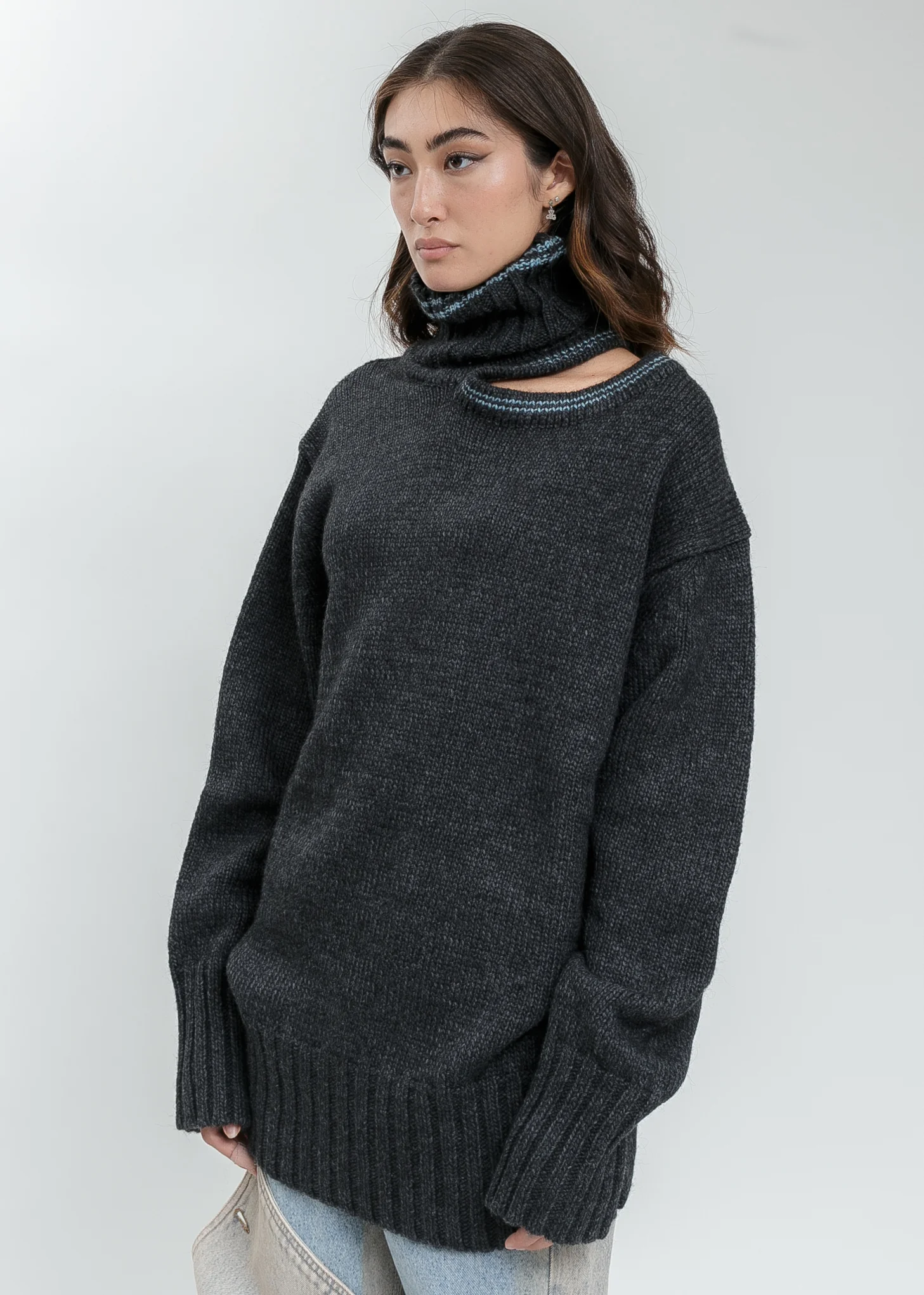 Dark Grey  Double Neck Oversized Knit Sweater - Image 4