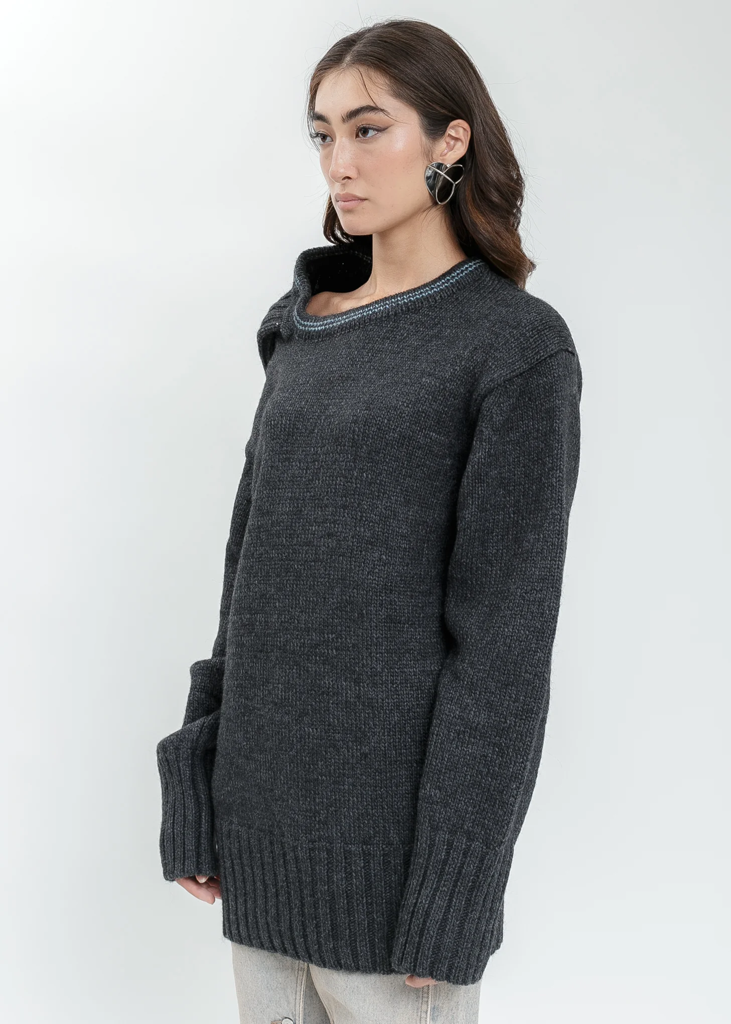 Dark Grey  Double Neck Oversized Knit Sweater - Image 8