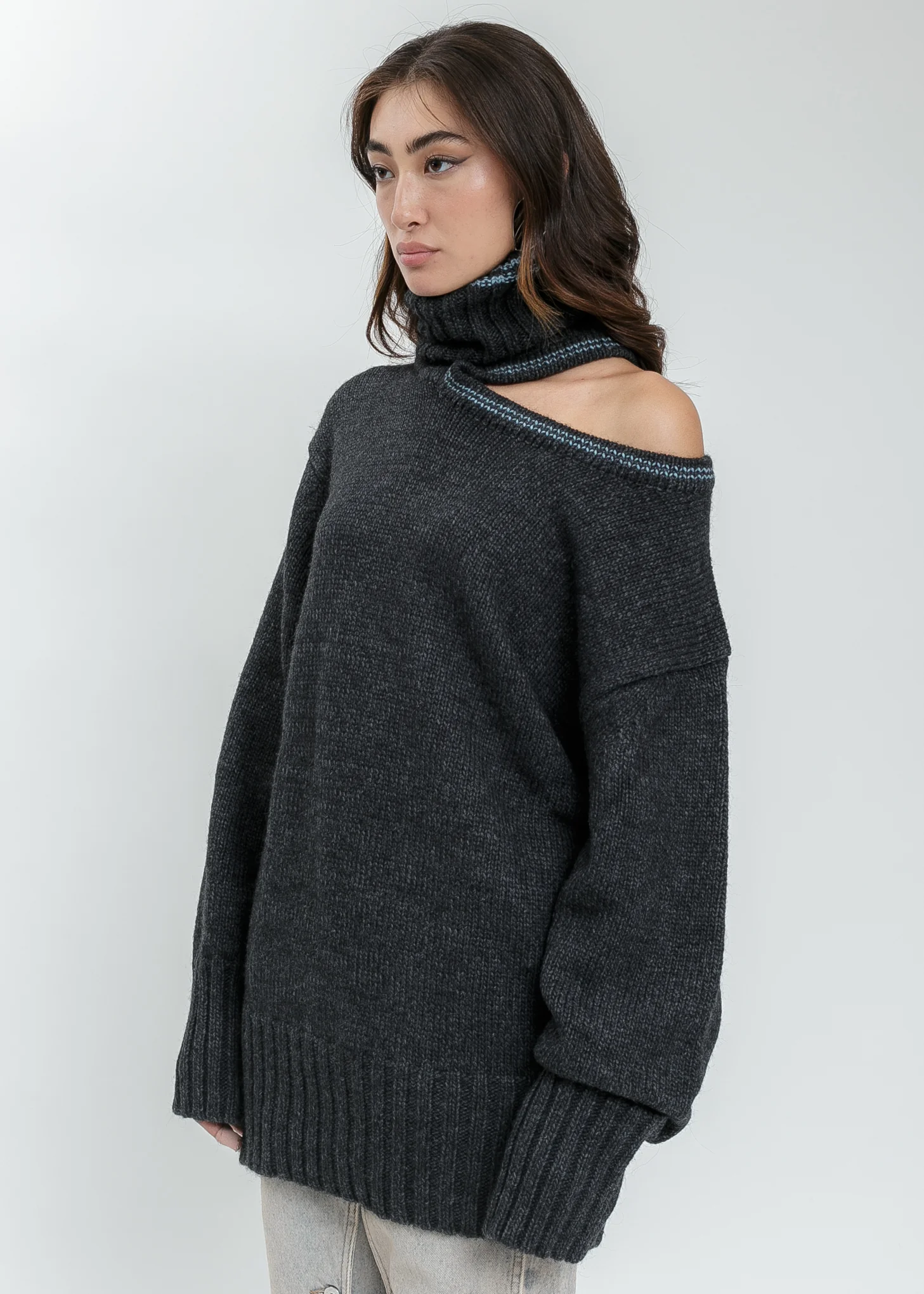 Dark Grey  Double Neck Oversized Knit Sweater - Image 9