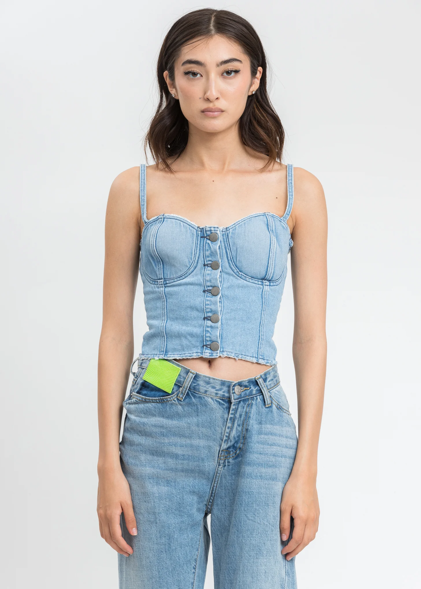 Blue Distressed Denim Button Top
