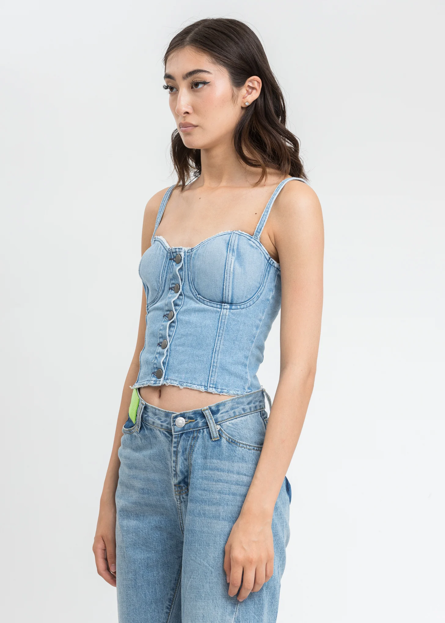 Blue Distressed Denim Button Top - Image 3