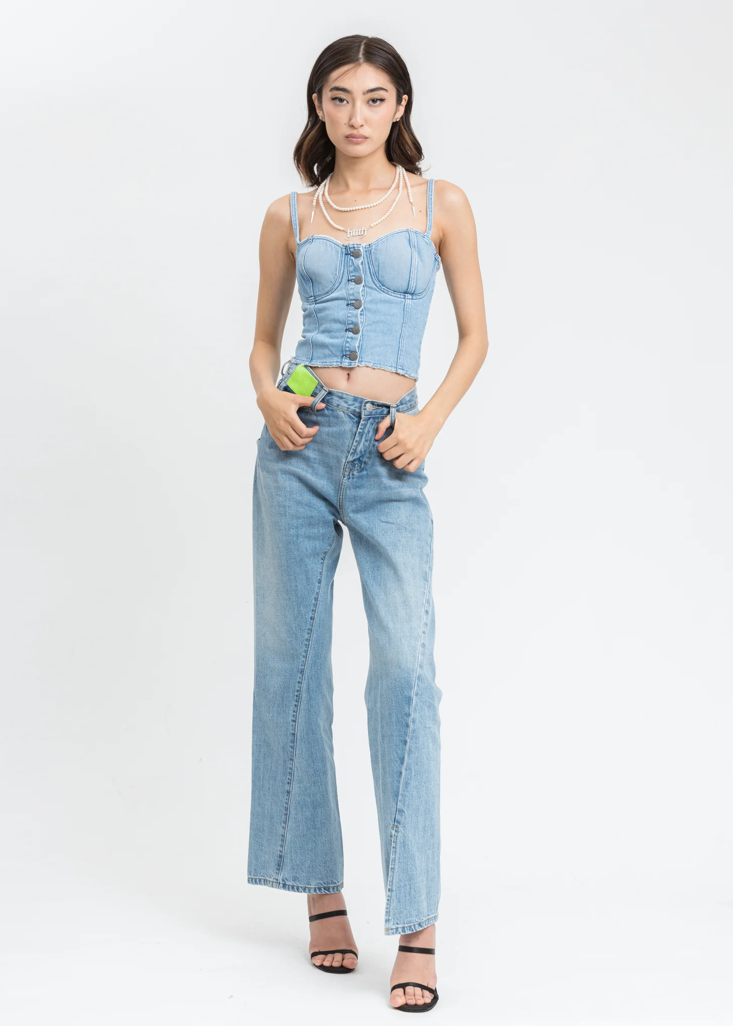 Blue Distressed Denim Button Top - Image 6