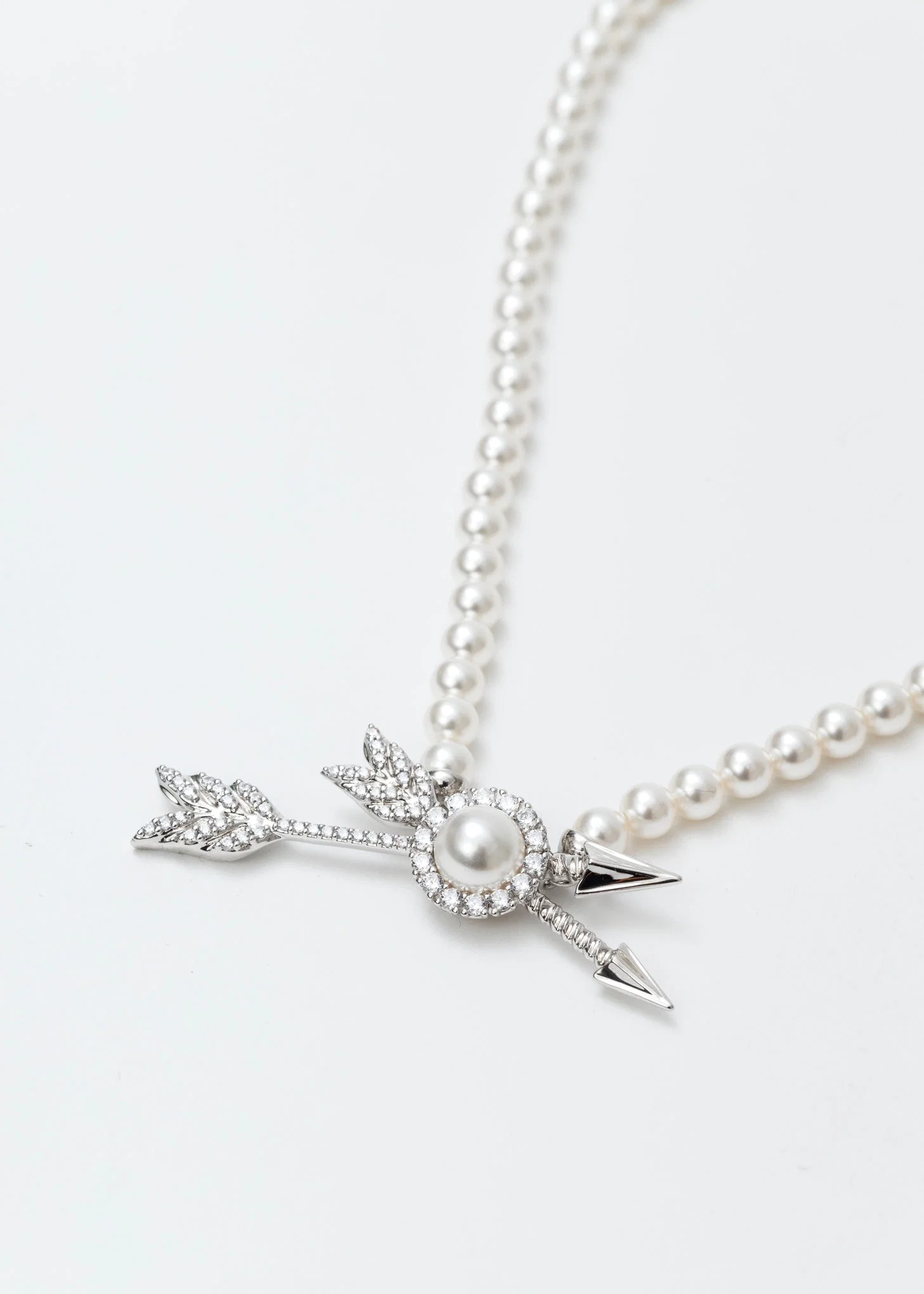 Double Arrow Pave Pearl Necklace