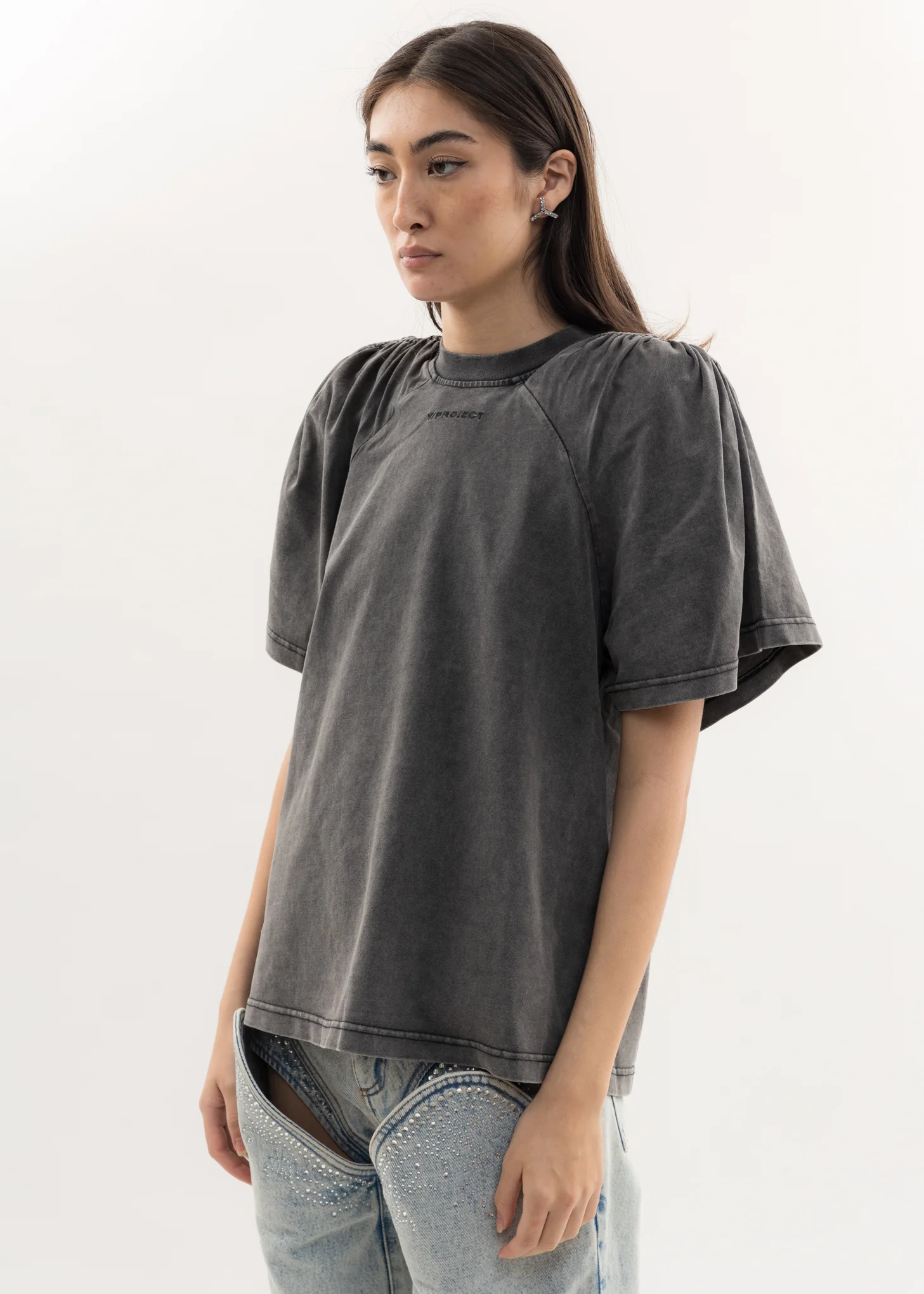 Dark Grey RUCHED SHOULDER T-Shirt - Image 3