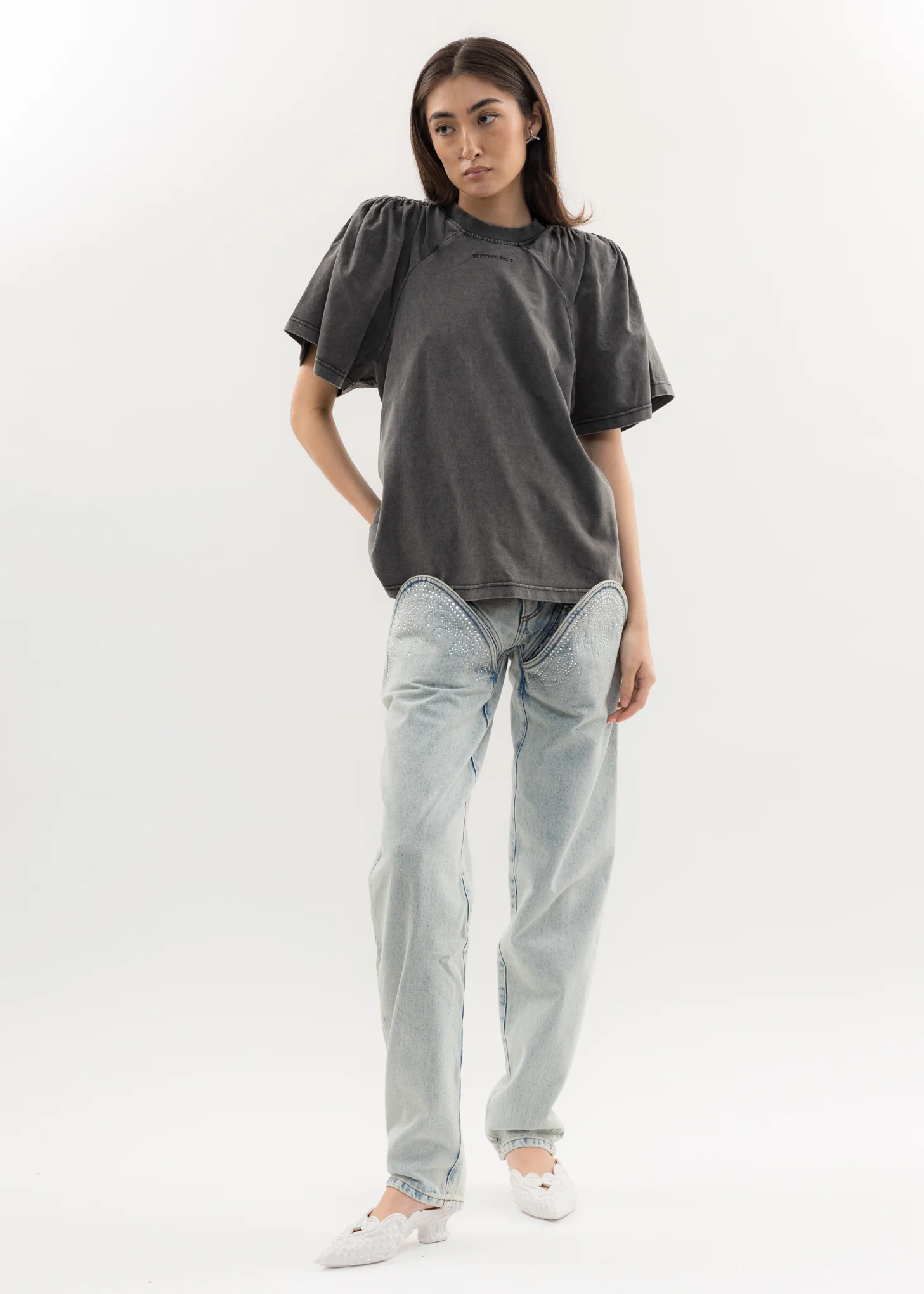 Dark Grey RUCHED SHOULDER T-Shirt - Image 5