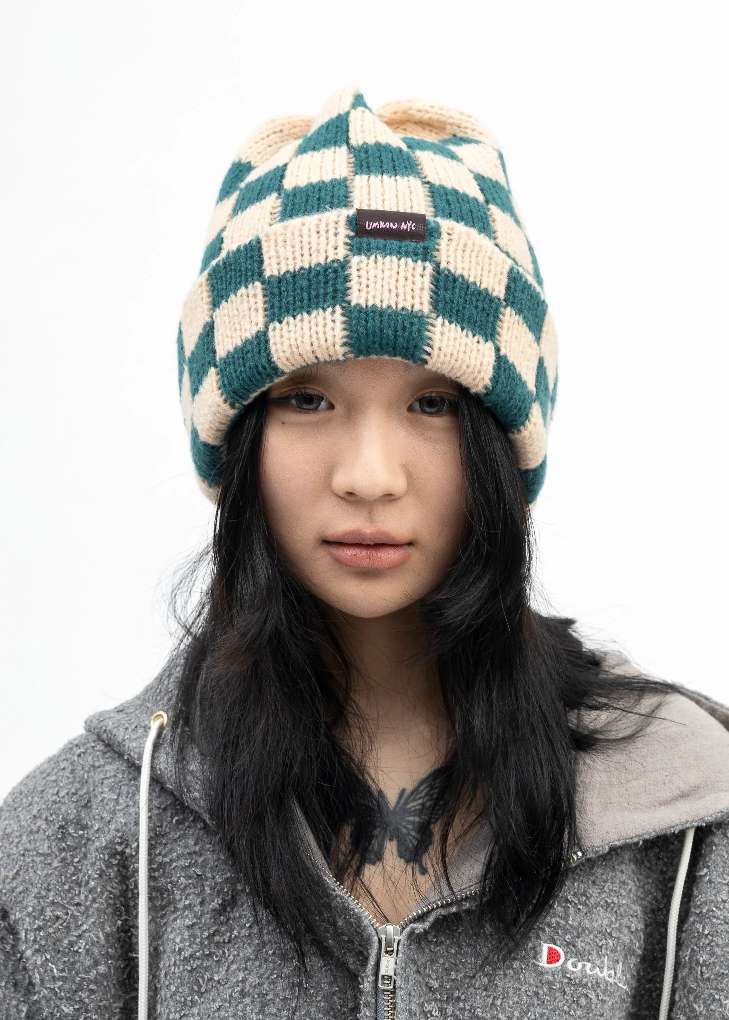 Ecru/Green Checked Beanie-Preorder - Image 2