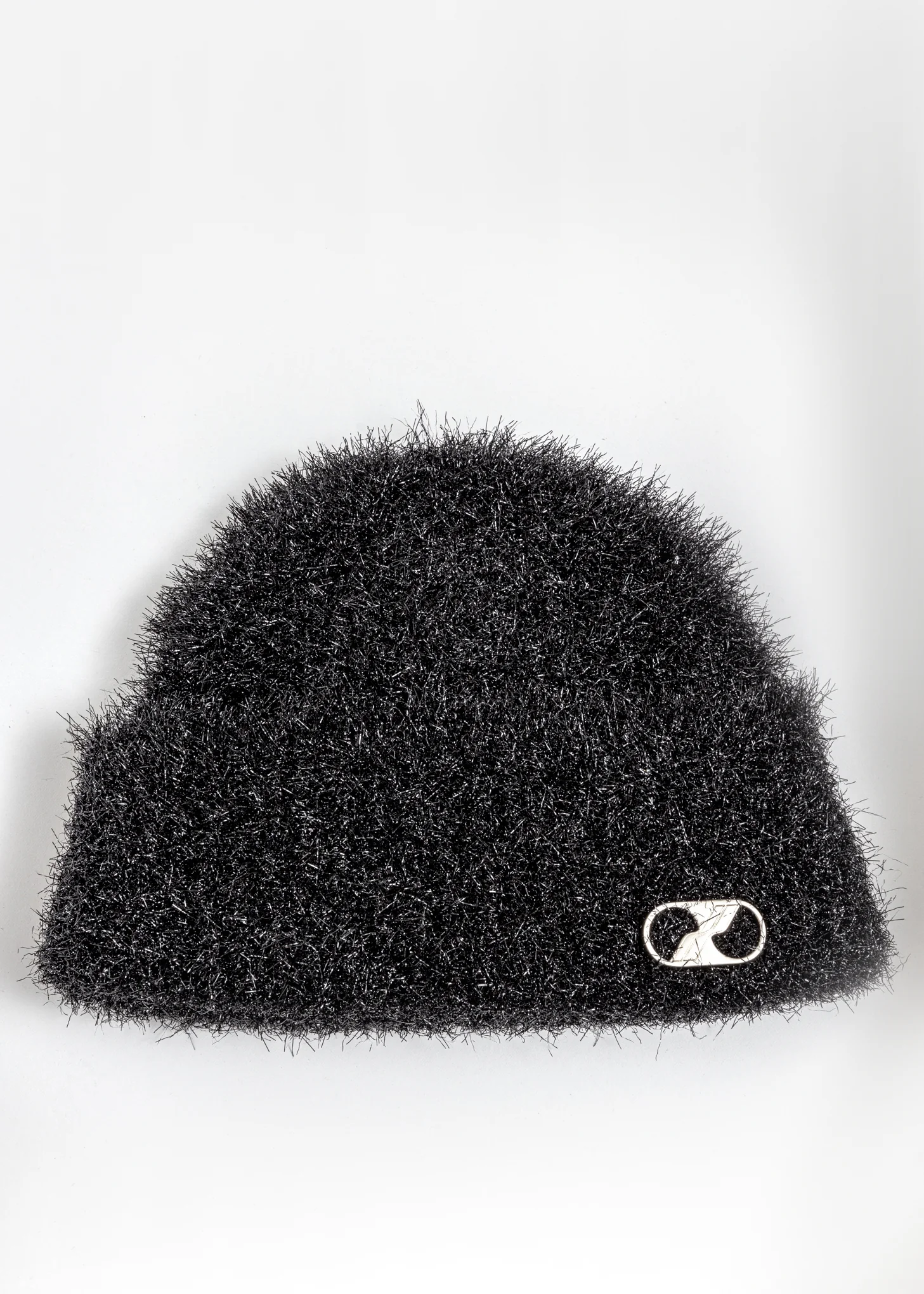Glitter Black Embroidered Metal Logo Short Beanie
