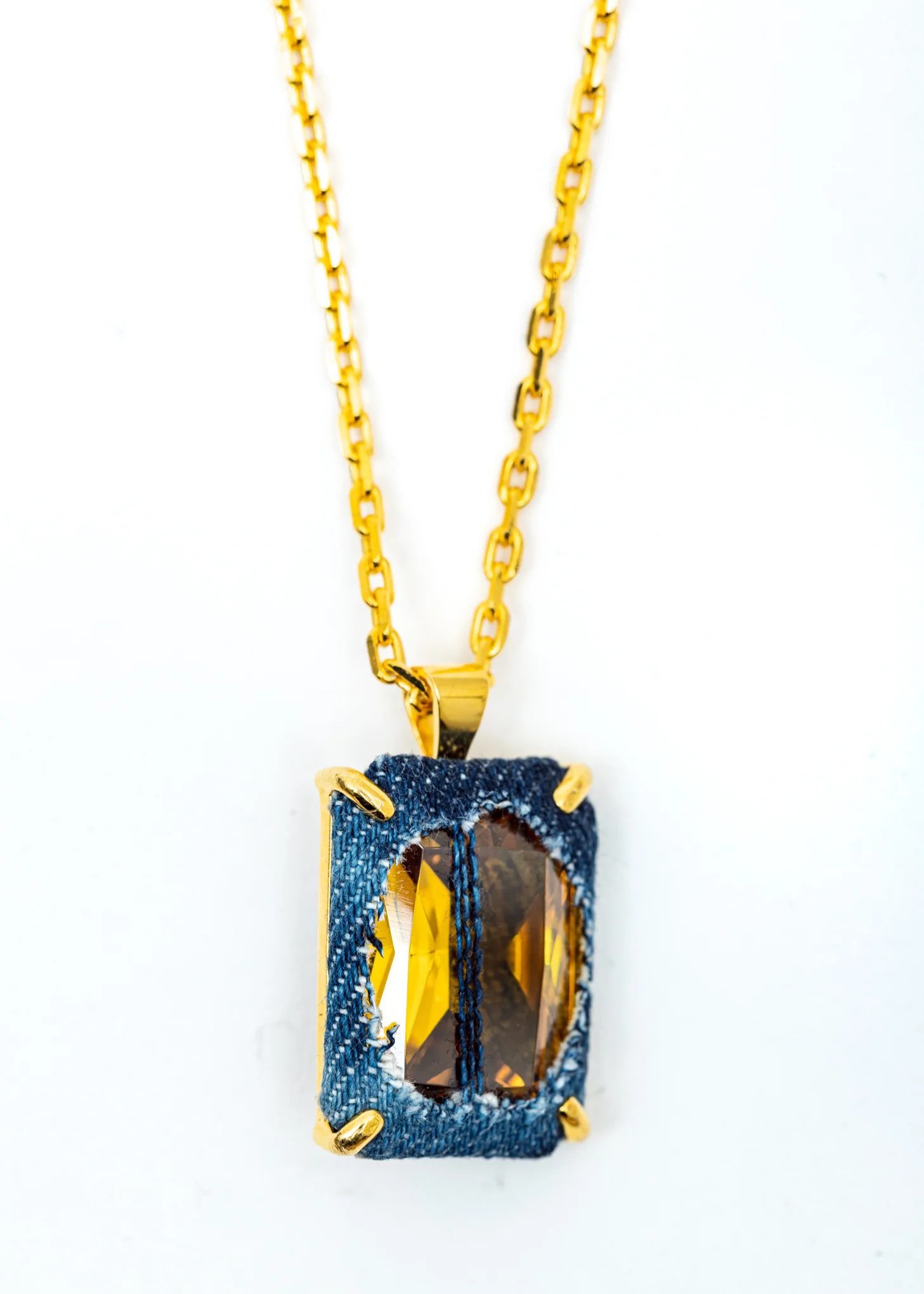 Gold Denim Octagonal Necklace (Blue Denim, Yellow Stone) - Image 3