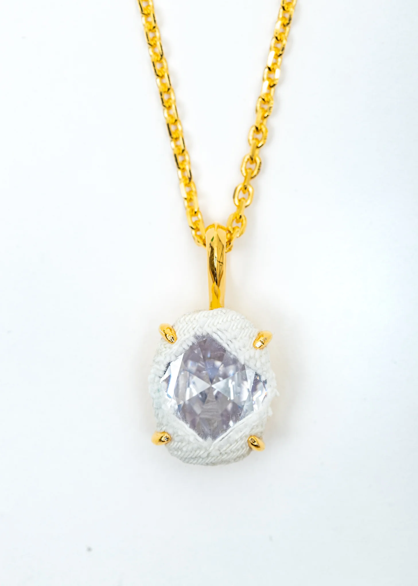 Gold Denim Oval Necklace (White Denim, Clear Stone) - Image 3