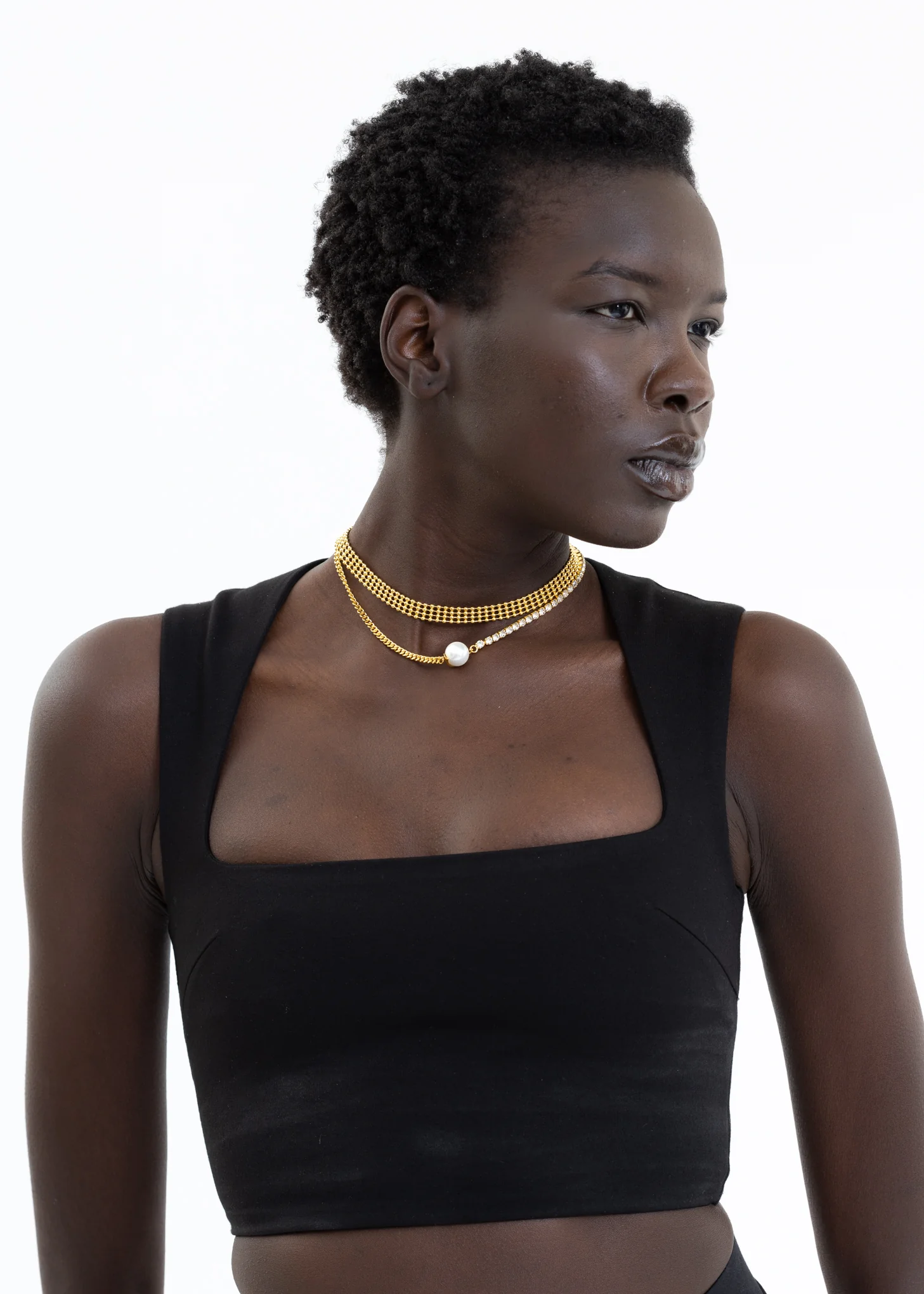 Gold Mix Chains Necklace With Pearl (XINGQING) - Image 2