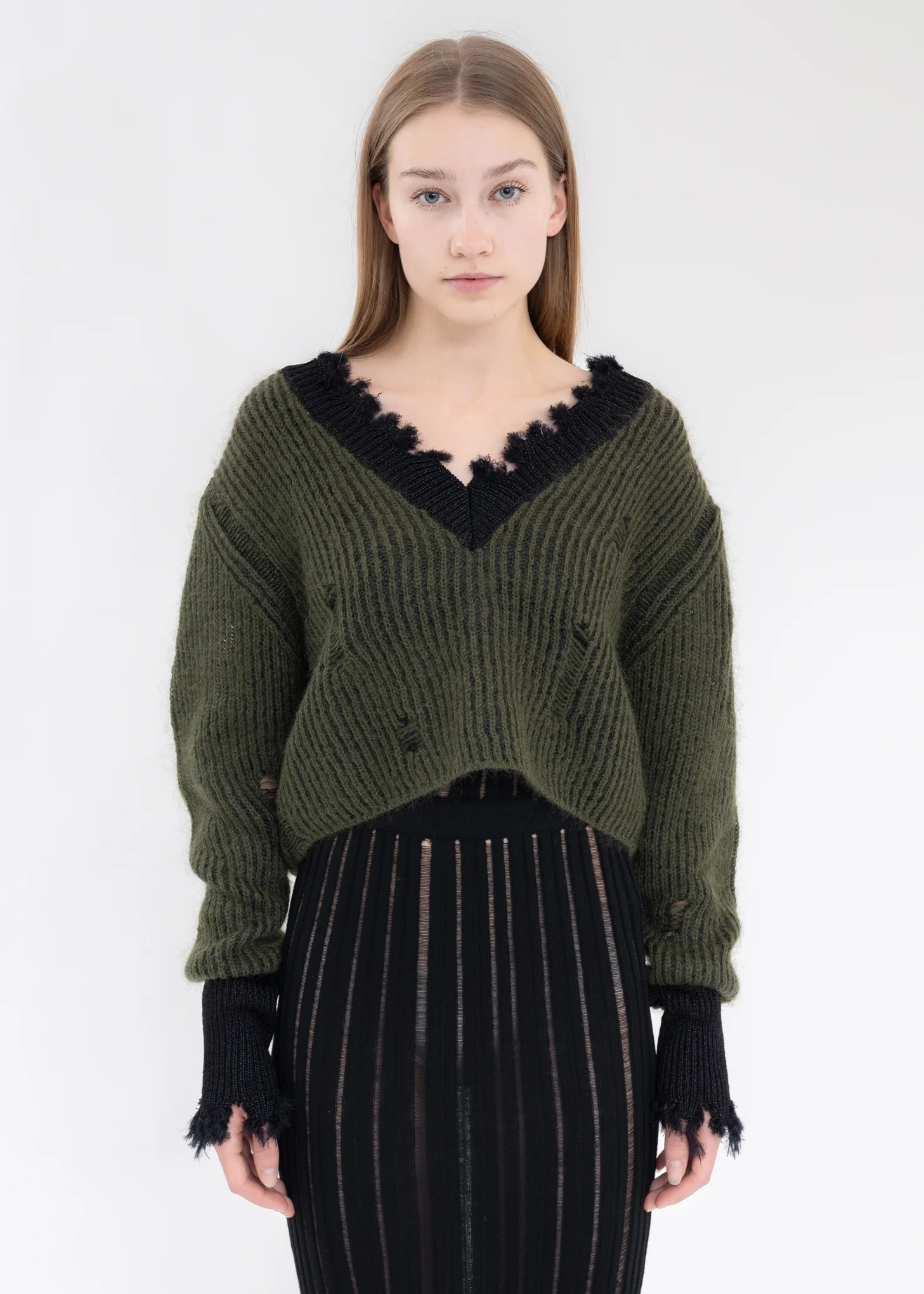 Green And Black Mohair V-Neck Sweater