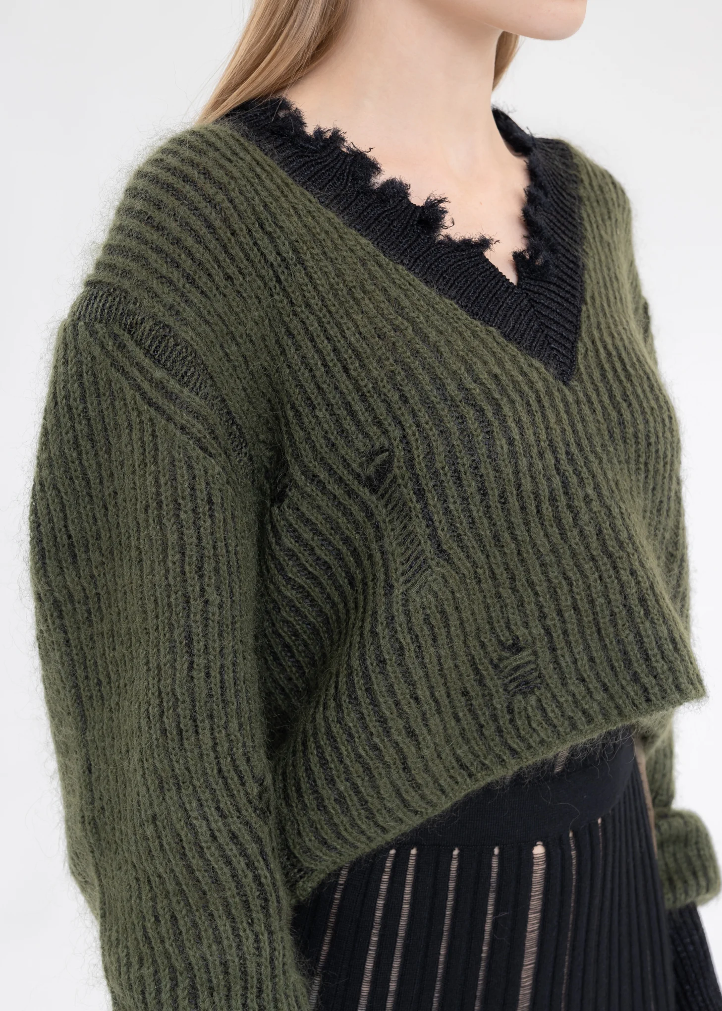 Green And Black Mohair V-Neck Sweater - Image 2