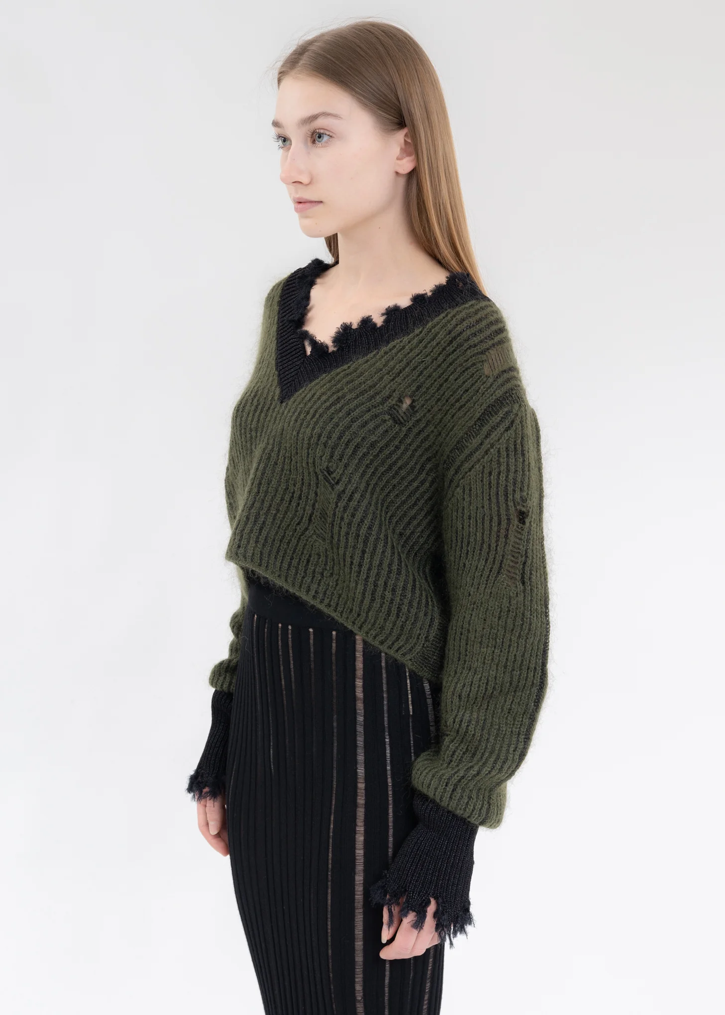Green And Black Mohair V-Neck Sweater - Image 3