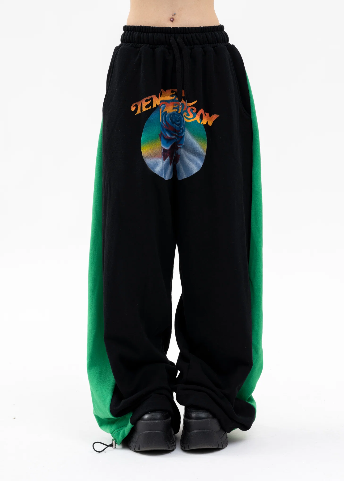 GREEN AND BLACK ROSE SWEAT WIDE PANTS