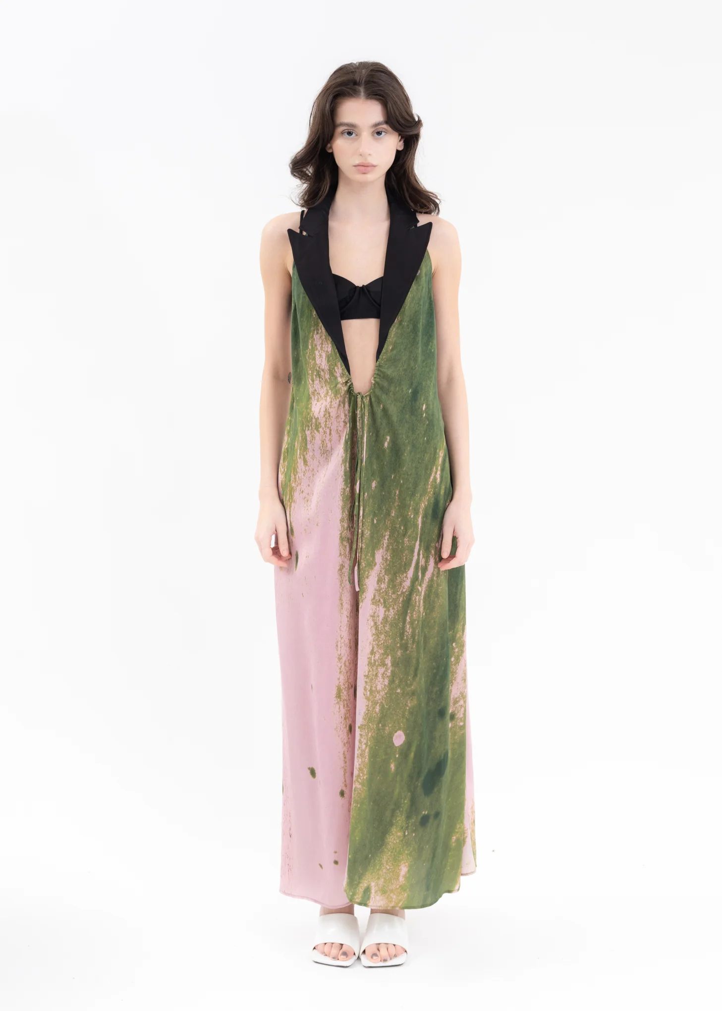 Green And Pink Halter Dress With Blazer Collar