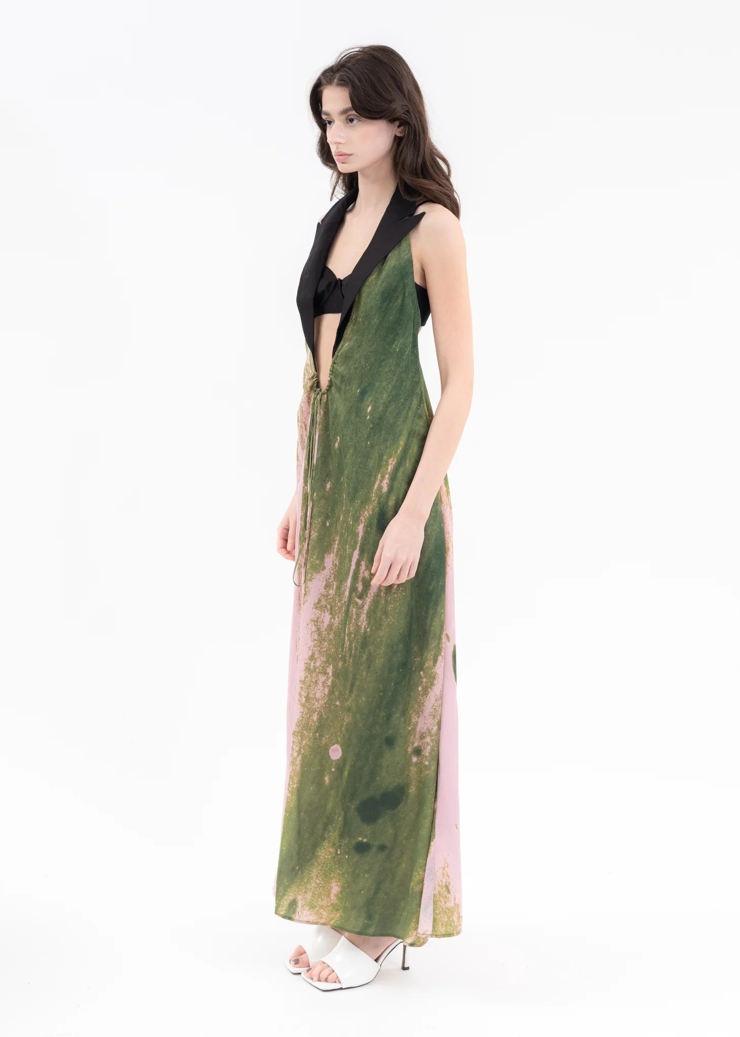 Green And Pink Halter Dress With Blazer Collar - Image 3