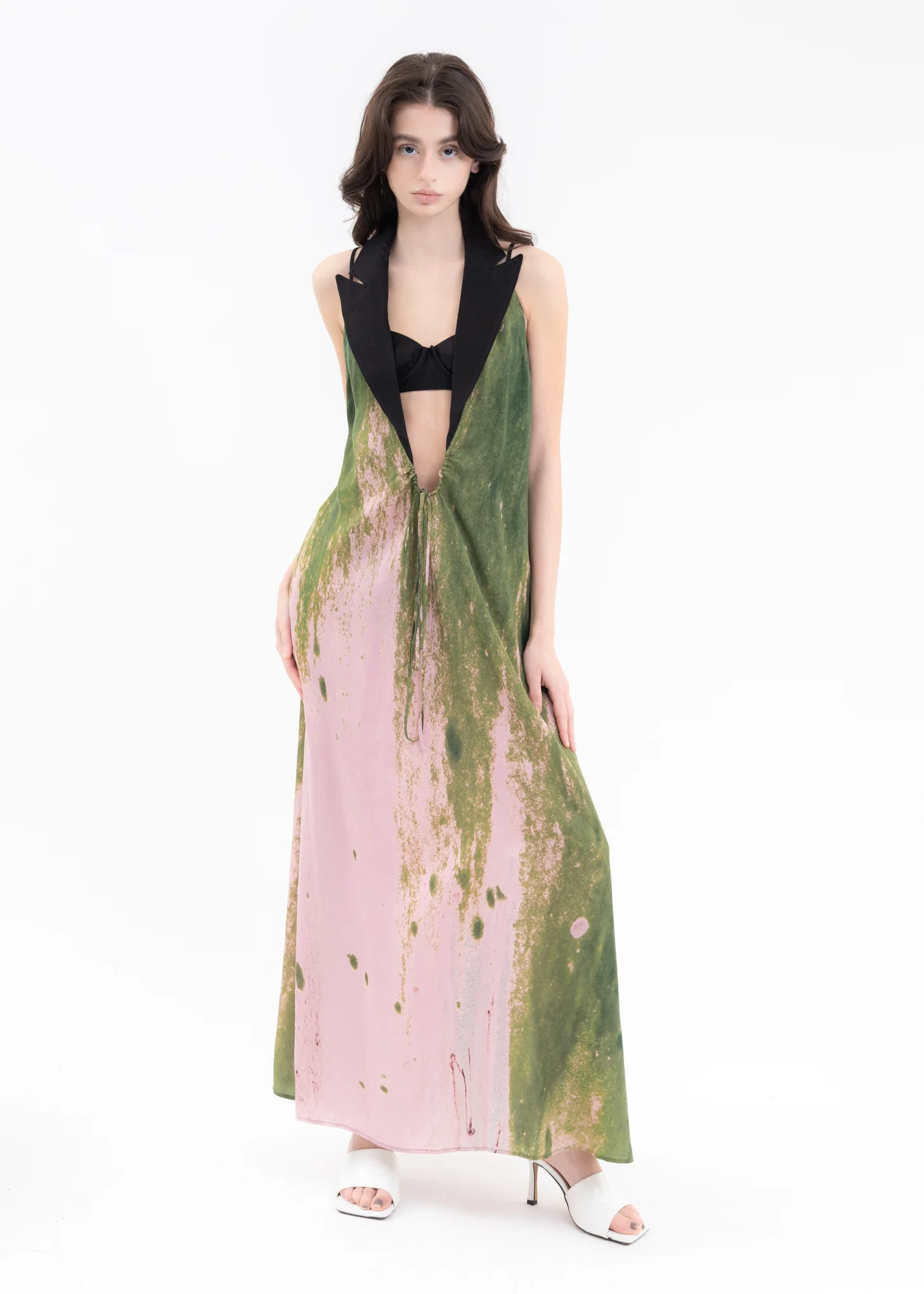 Green And Pink Halter Dress With Blazer Collar - Image 5