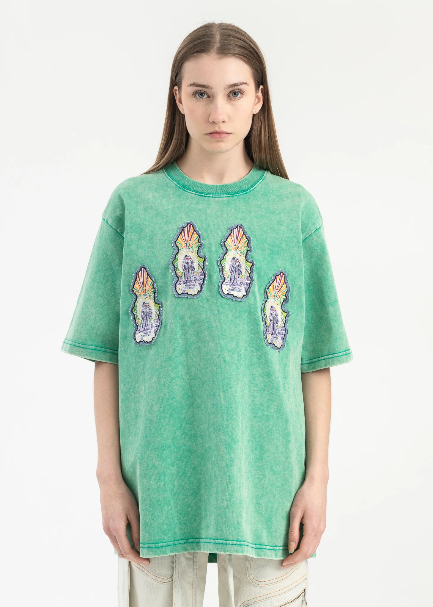 GREEN EMBROIDERY PATCHWORK T-SHIRT