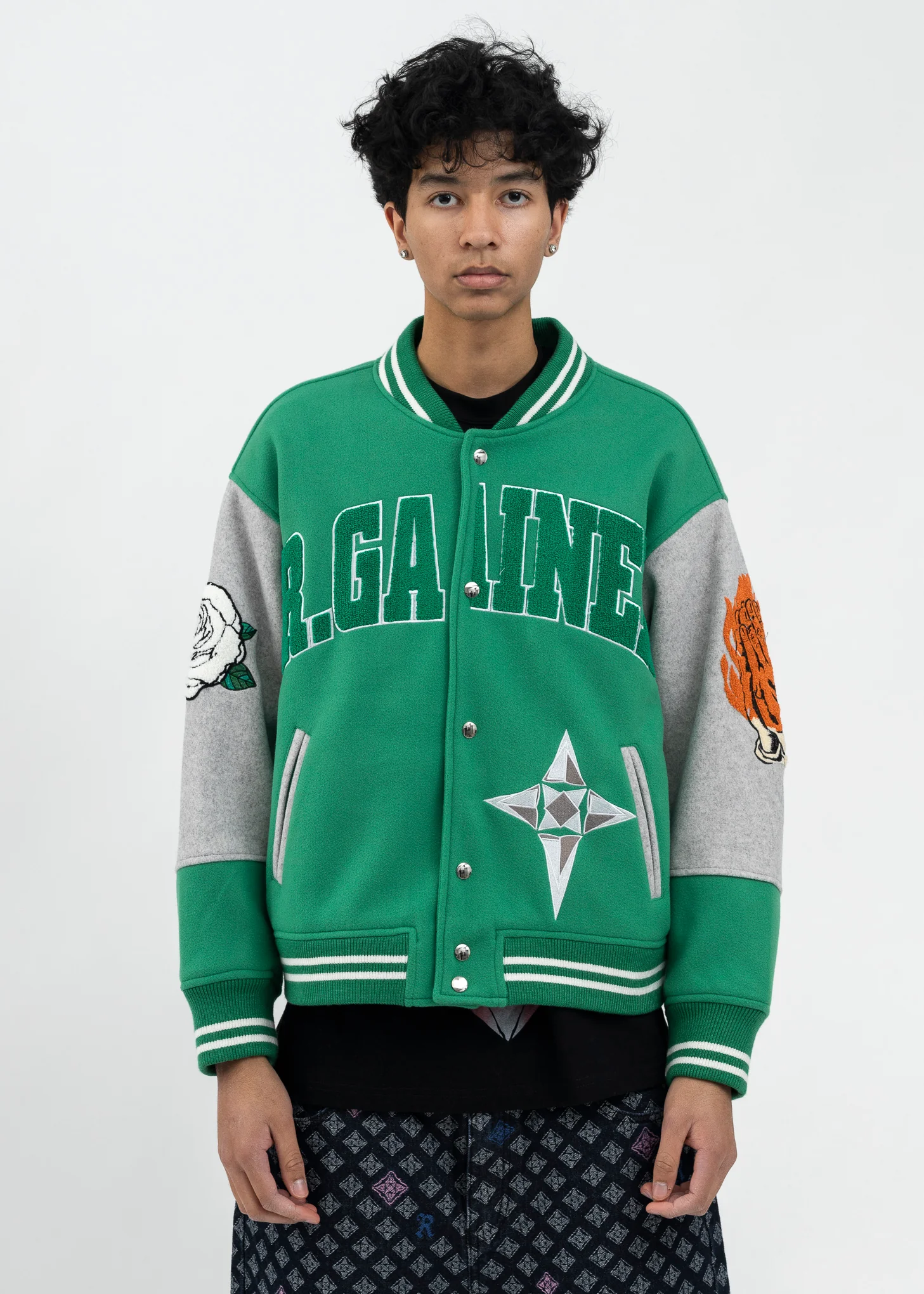 GREEN/GREY ROSE EMBROIDERY PATCHWORK BOMBER JACKET