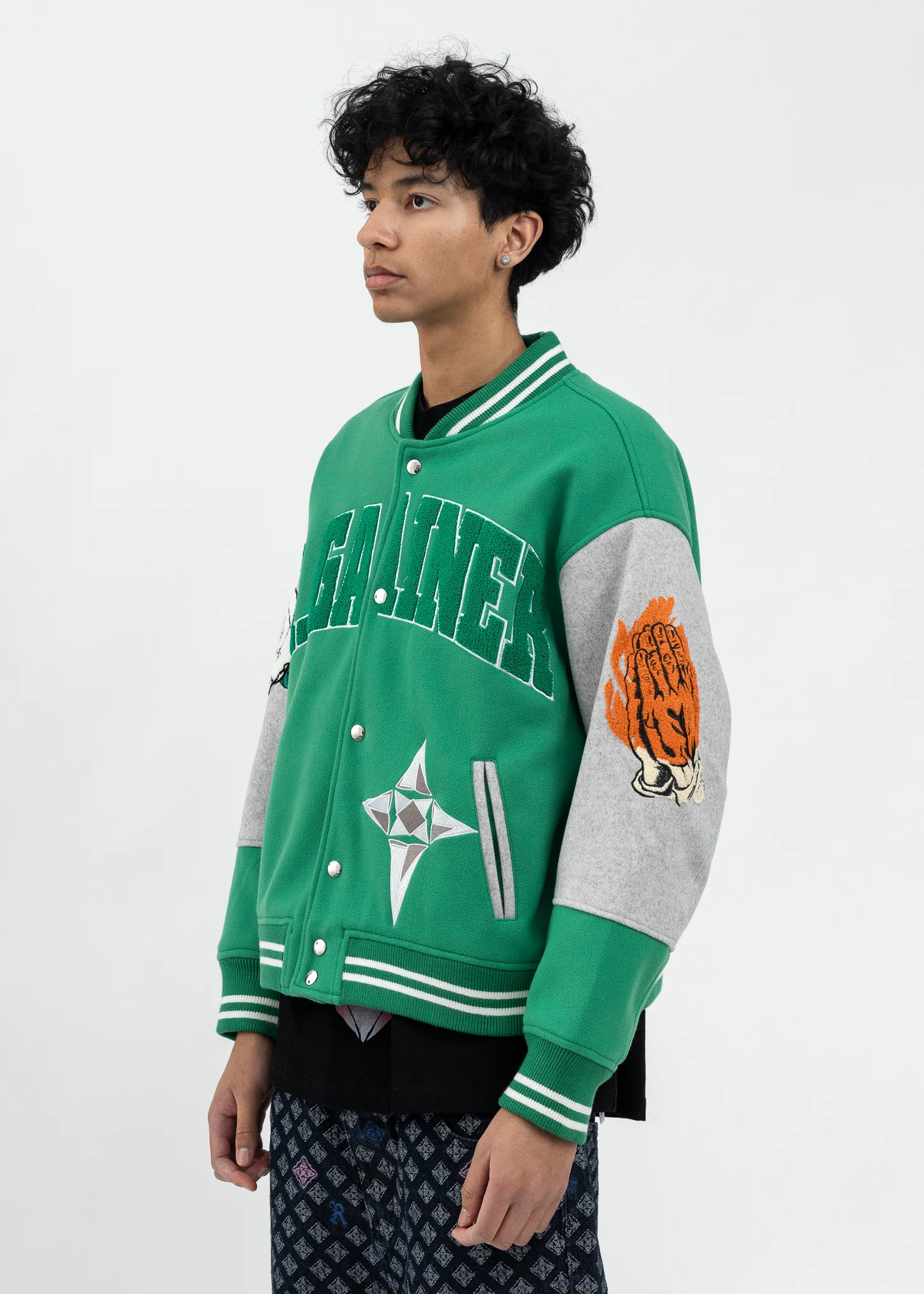 GREEN/GREY ROSE EMBROIDERY PATCHWORK BOMBER JACKET - Image 3