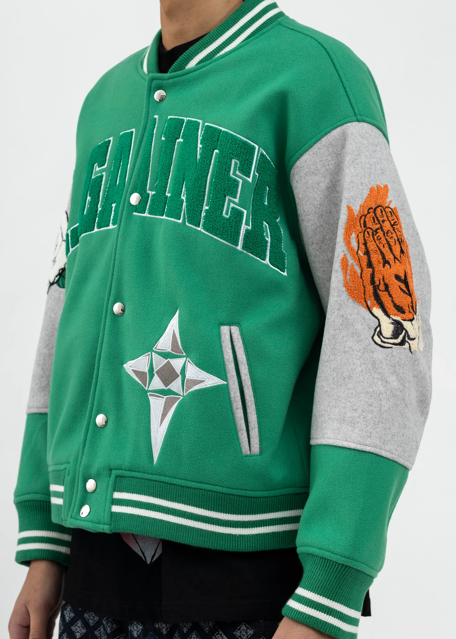 GREEN/GREY ROSE EMBROIDERY PATCHWORK BOMBER JACKET - Image 4