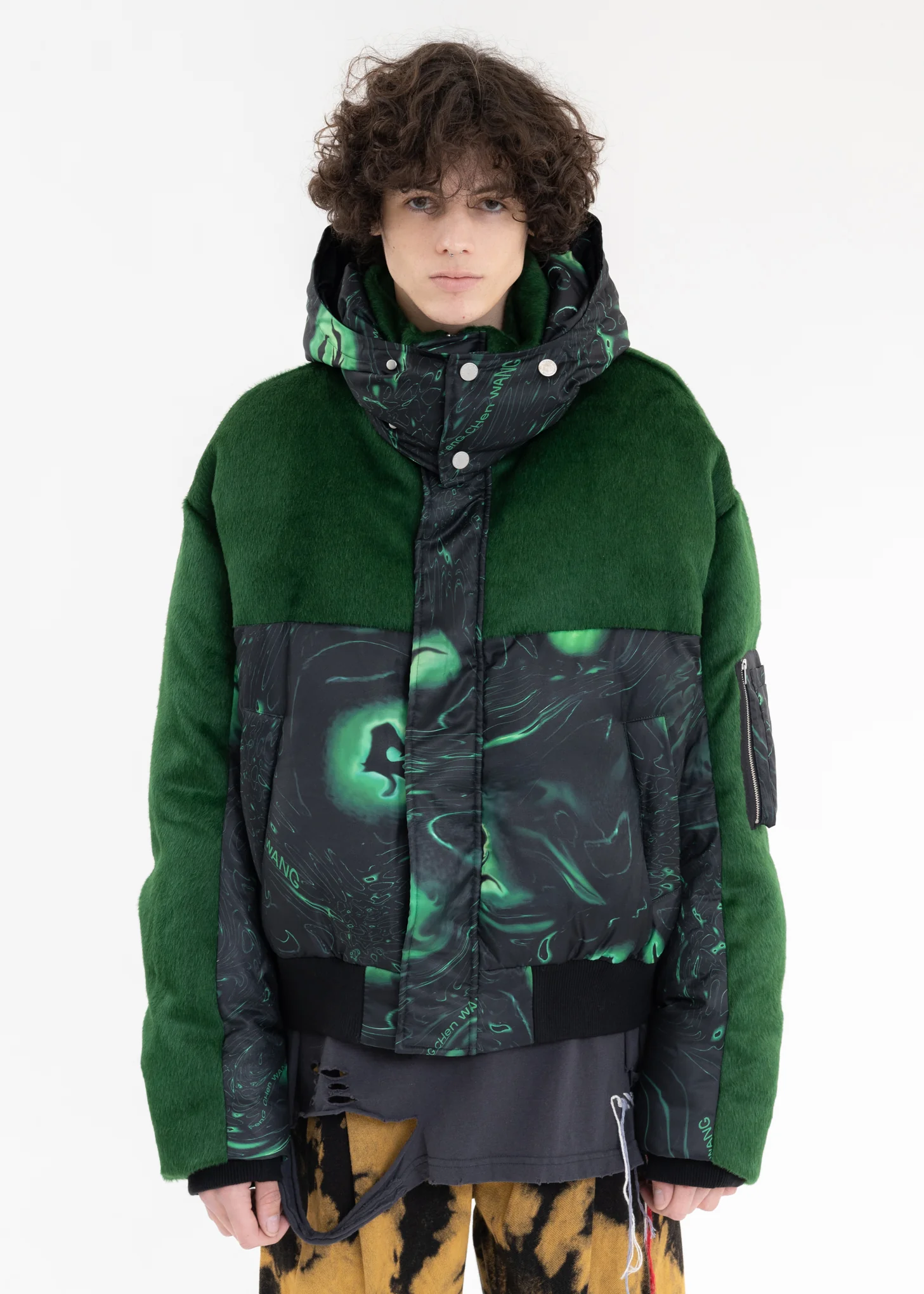 Green LACQUERWARE PRINT HOODED PUFFER JACKET