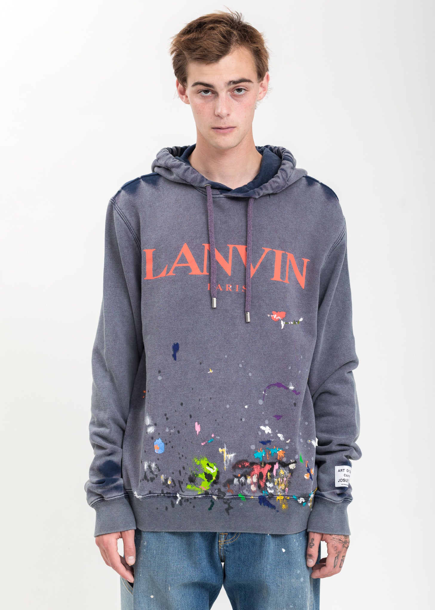 Navy Logo Hoodie With Work Effect And Paint Marks