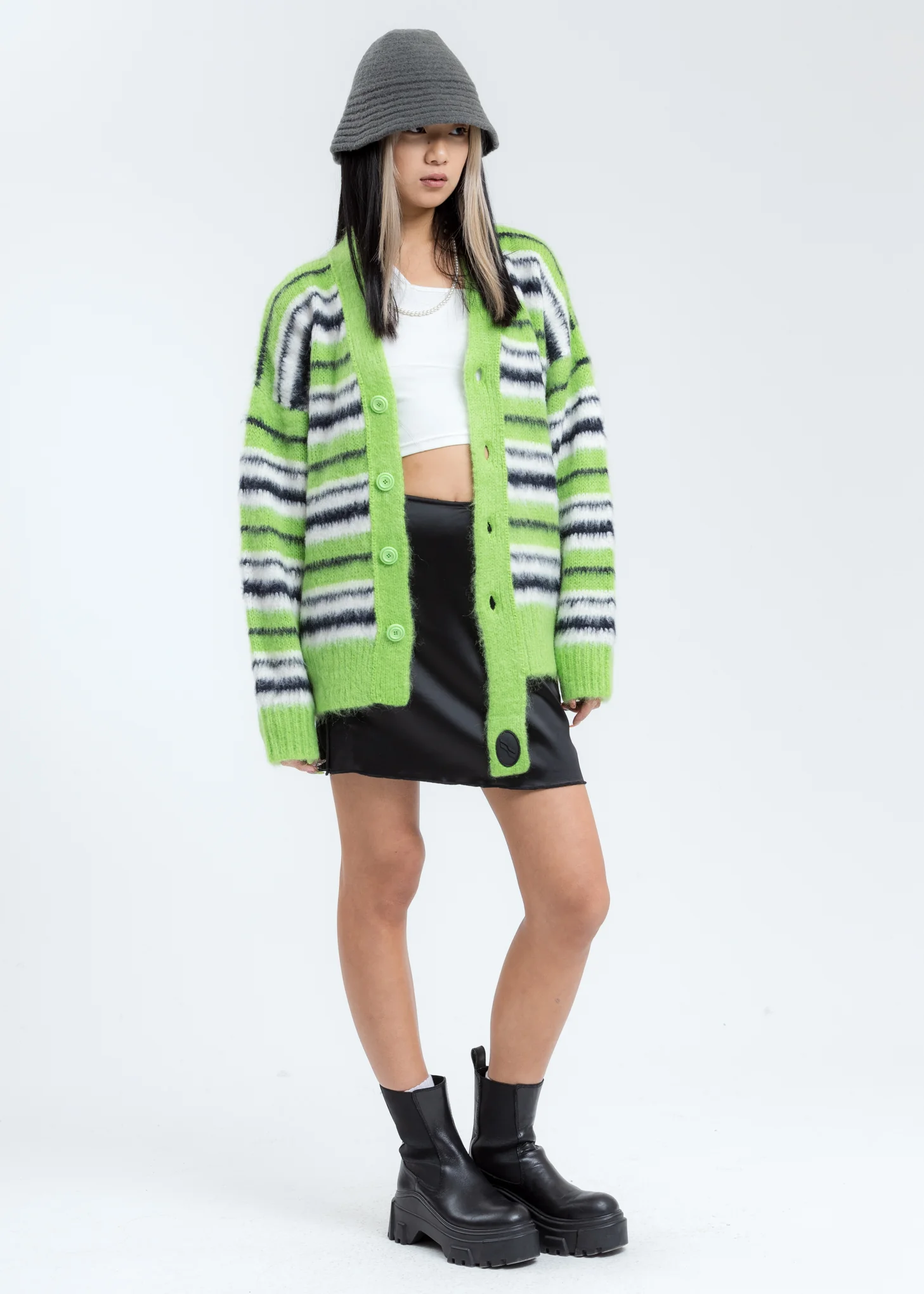 Green Mohair Stripe Knit Cardigan - Image 6