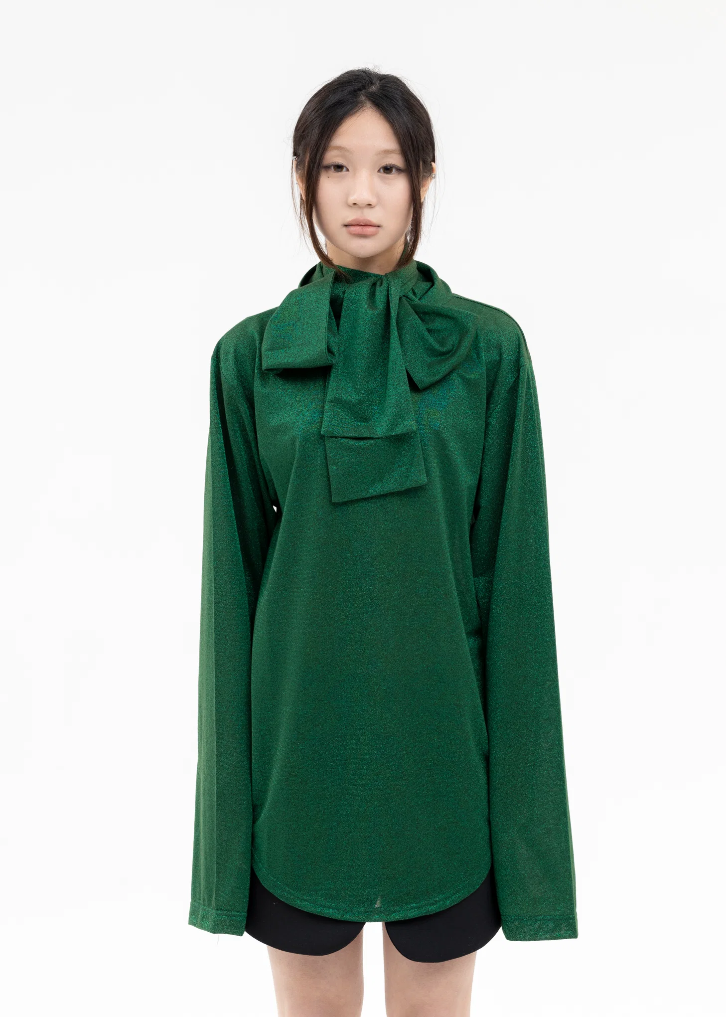 GREEN TIE COLLER GLITTER SHIRT