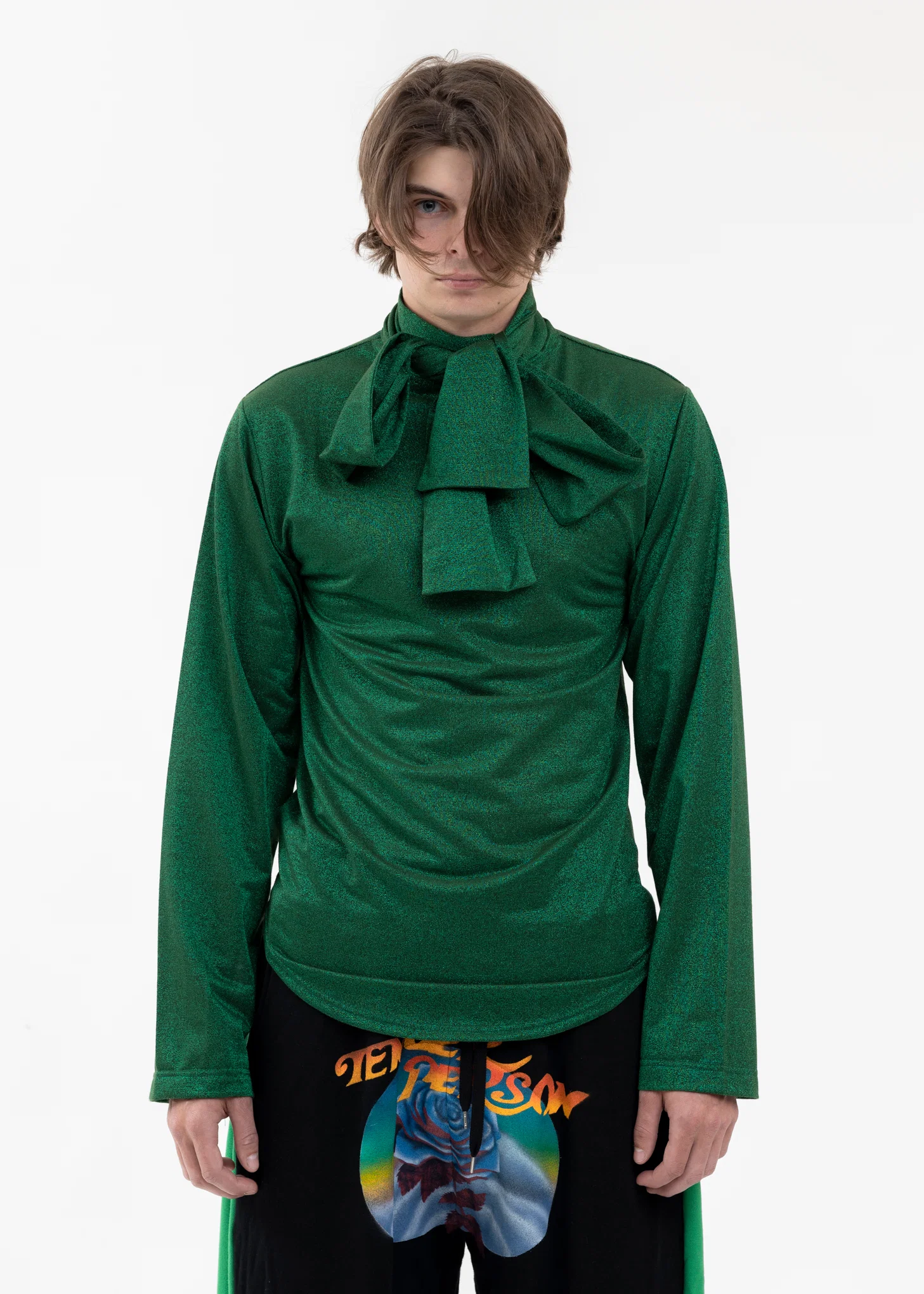 GREEN TIE COLLER GLITTER SHIRT