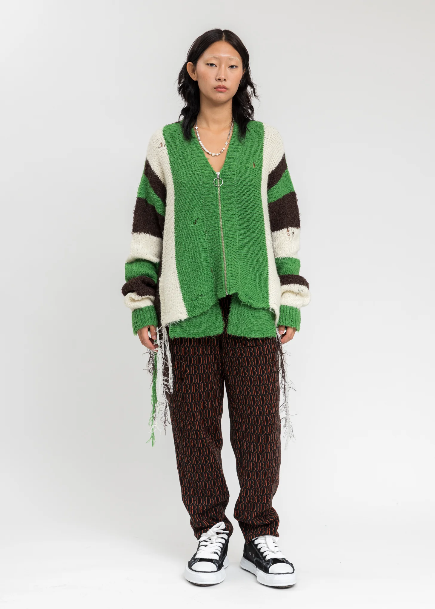Green Zip Up Stripe Cardigan - Image 2
