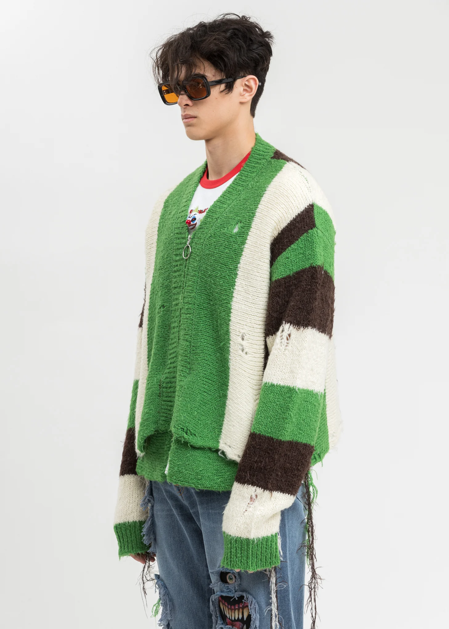 Green Zip Up Stripe Cardigan - Image 4