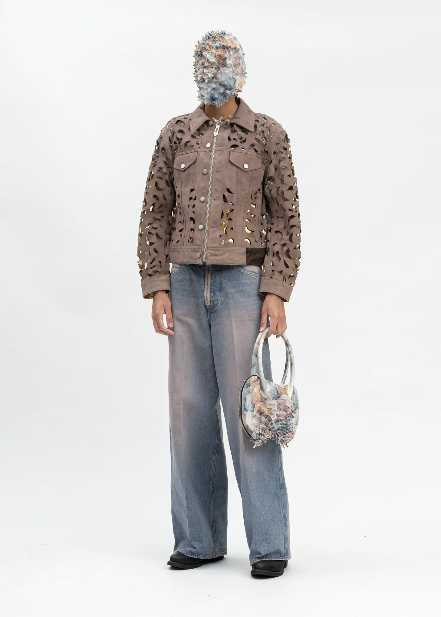 BEIGE WING-CUT LEATHER TRUCKER JACKET - Image 6