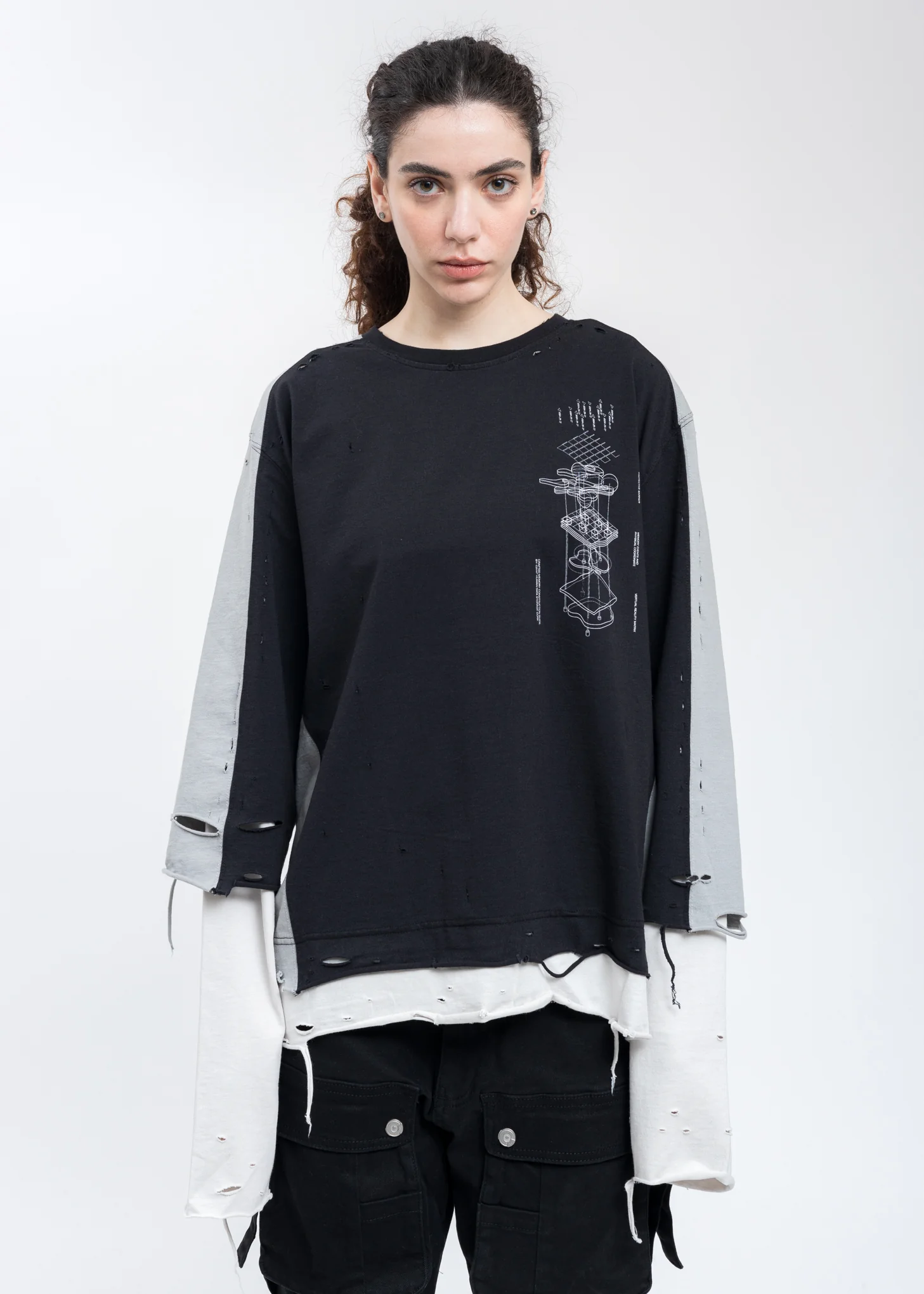 Grey And Black Panelled Distressed Double Layer Long Sleeve