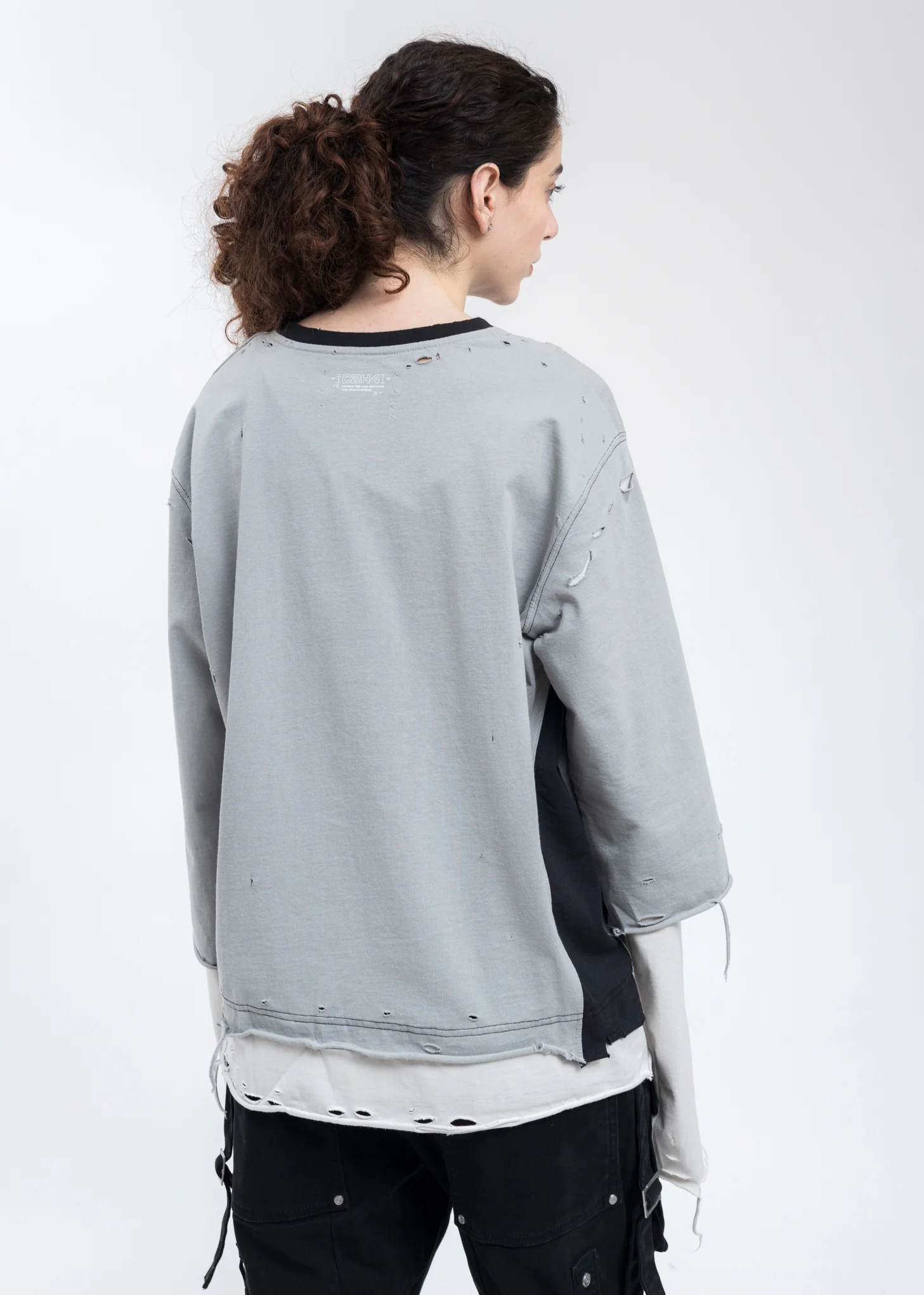 Grey And Black Panelled Distressed Double Layer Long Sleeve - Image 2