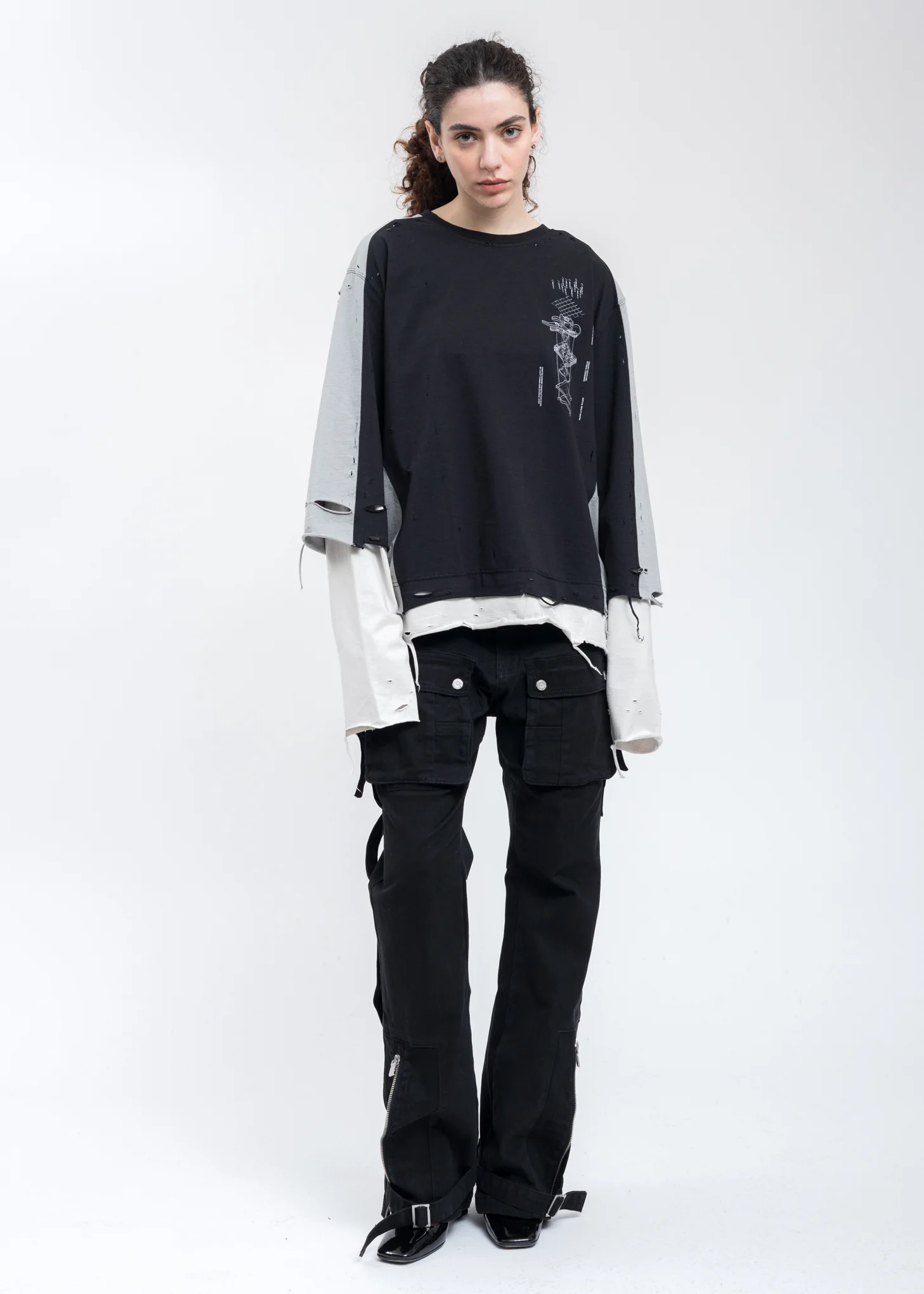Grey And Black Panelled Distressed Double Layer Long Sleeve - Image 6