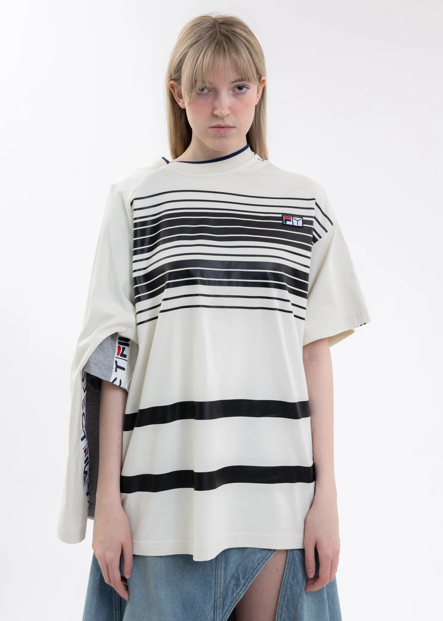 Grey And Ecru Y/PROJECT X FILA REVERSIBLE STRIPE T-Shirt