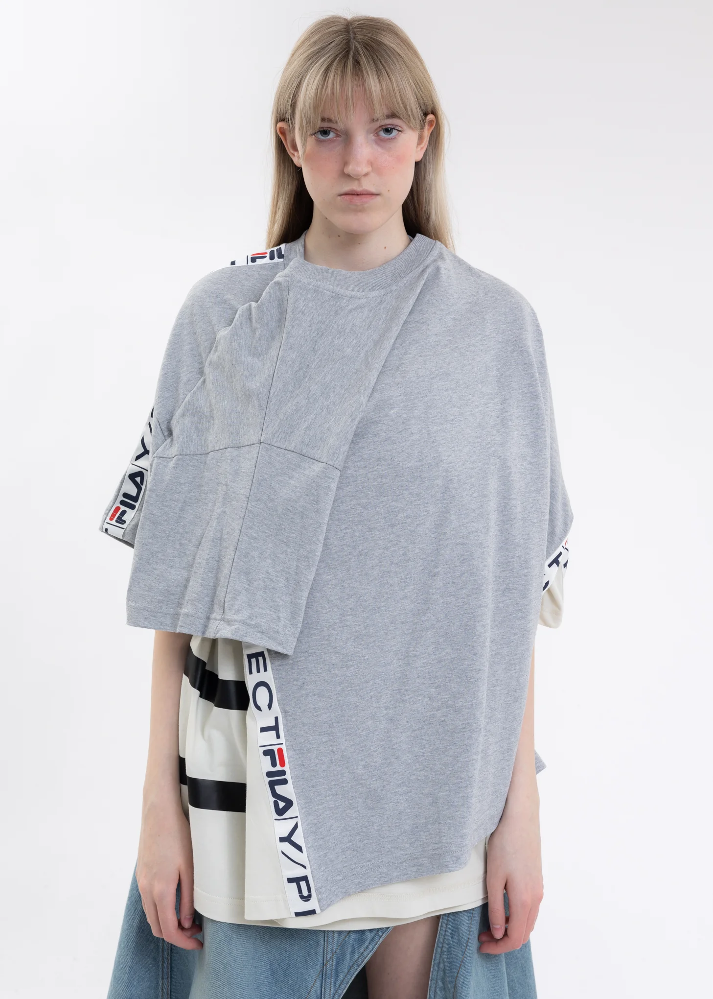 Grey And Ecru Y/PROJECT X FILA REVERSIBLE STRIPE T-Shirt - Image 2