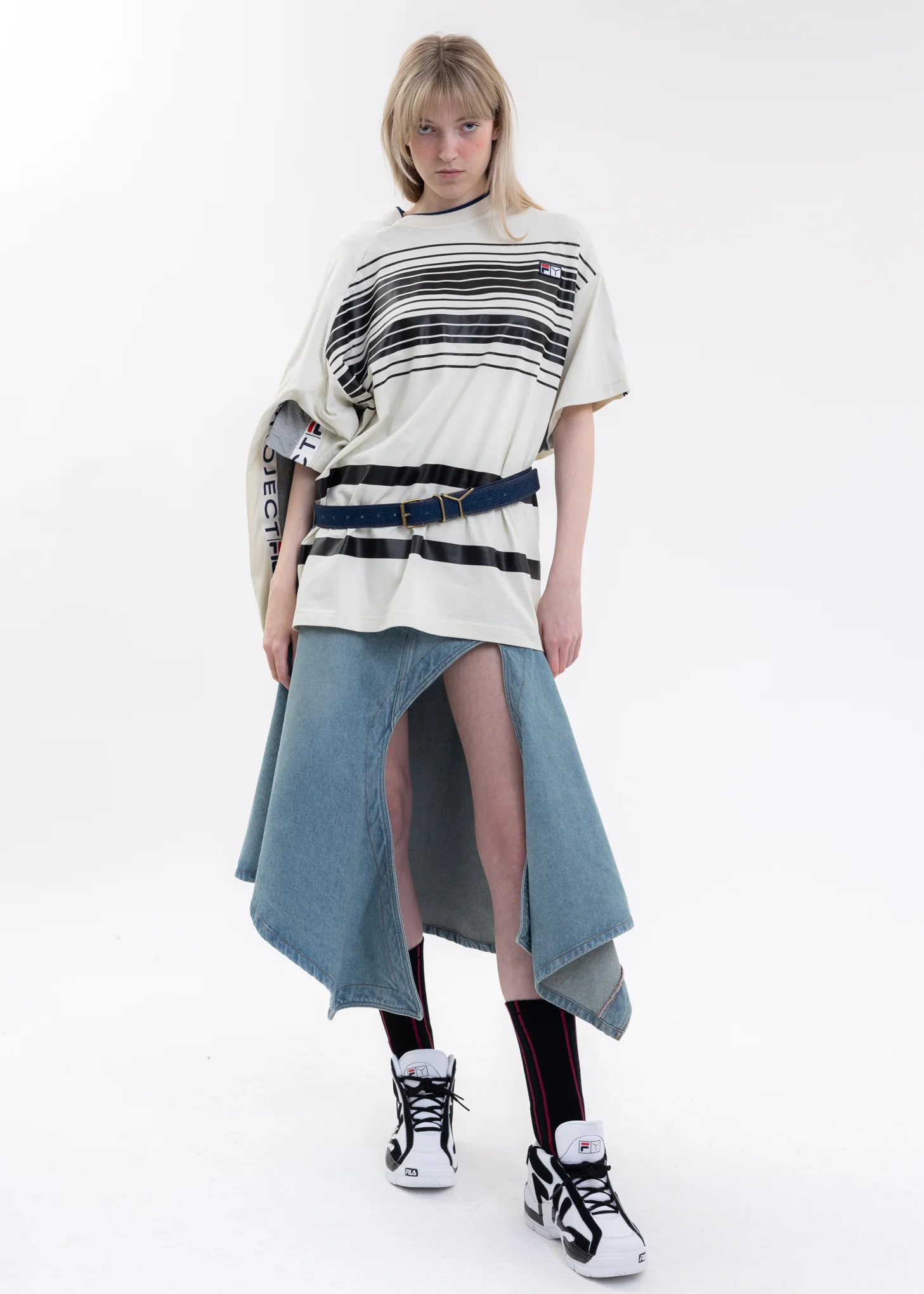 Grey And Ecru Y/PROJECT X FILA REVERSIBLE STRIPE T-Shirt - Image 6