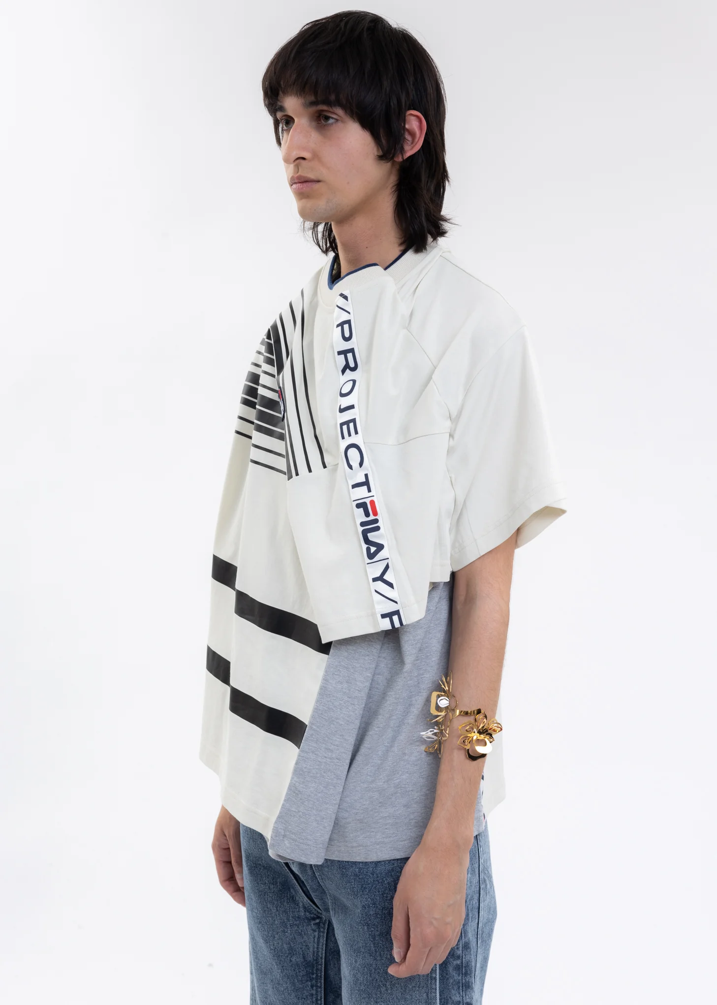 Grey And Ecru Y/PROJECT X FILA REVERSIBLE STRIPE T-Shirt - Image 3