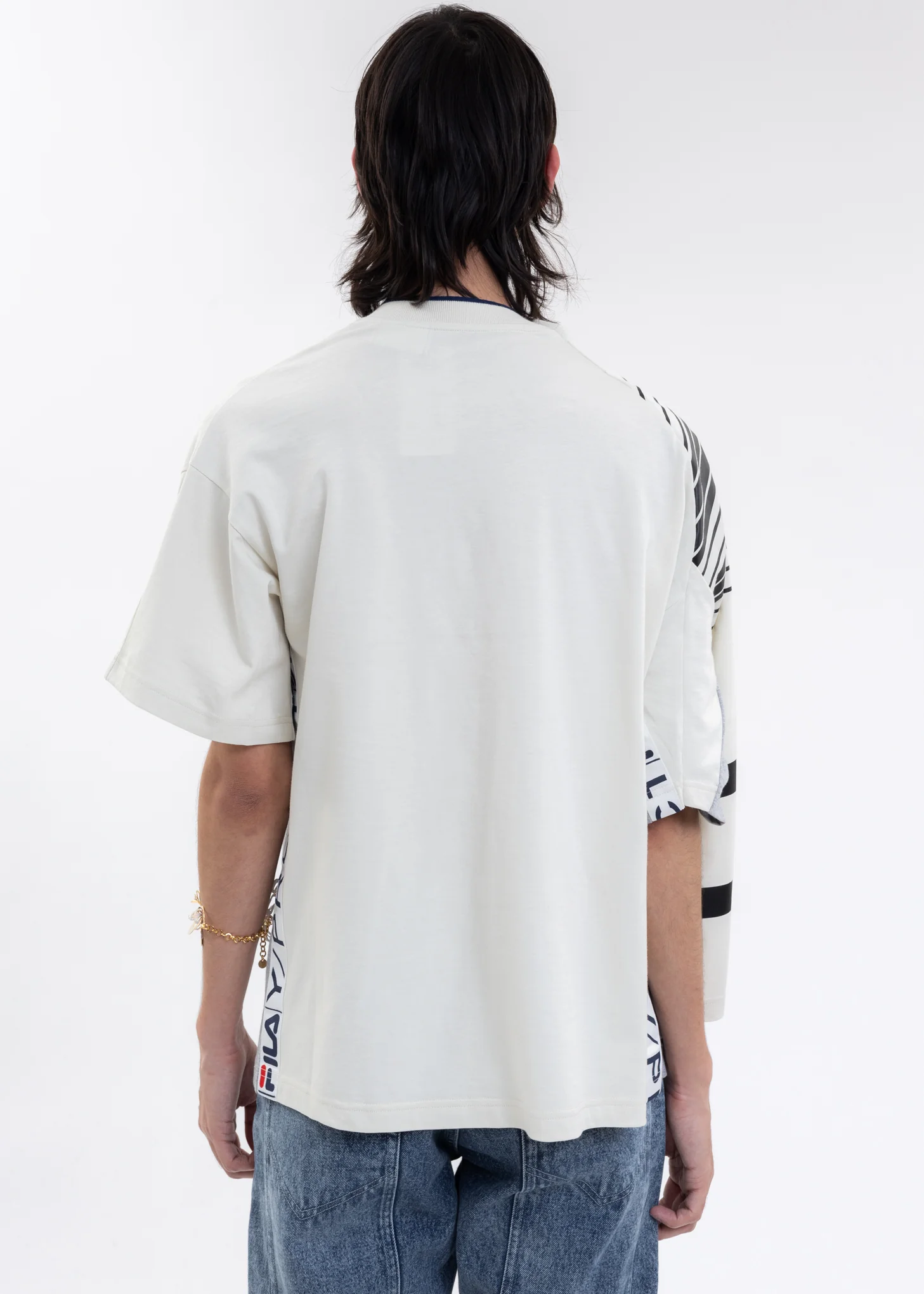 Grey And Ecru Y/PROJECT X FILA REVERSIBLE STRIPE T-Shirt - Image 4