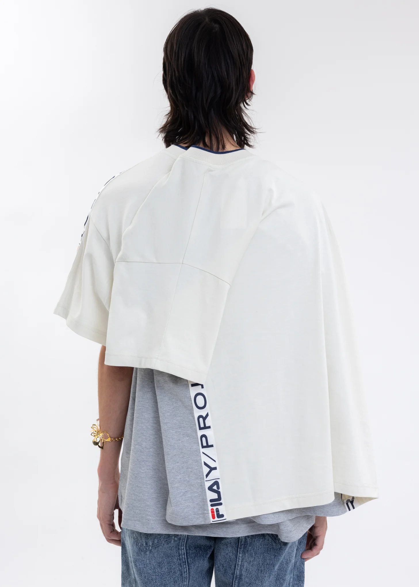 Grey And Ecru Y/PROJECT X FILA REVERSIBLE STRIPE T-Shirt - Image 7