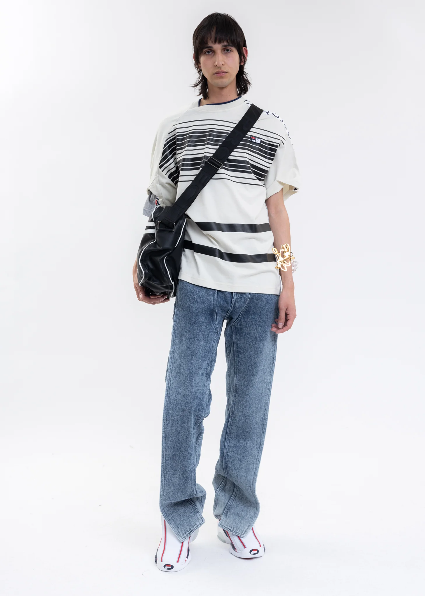 Grey And Ecru Y/PROJECT X FILA REVERSIBLE STRIPE T-Shirt - Image 9