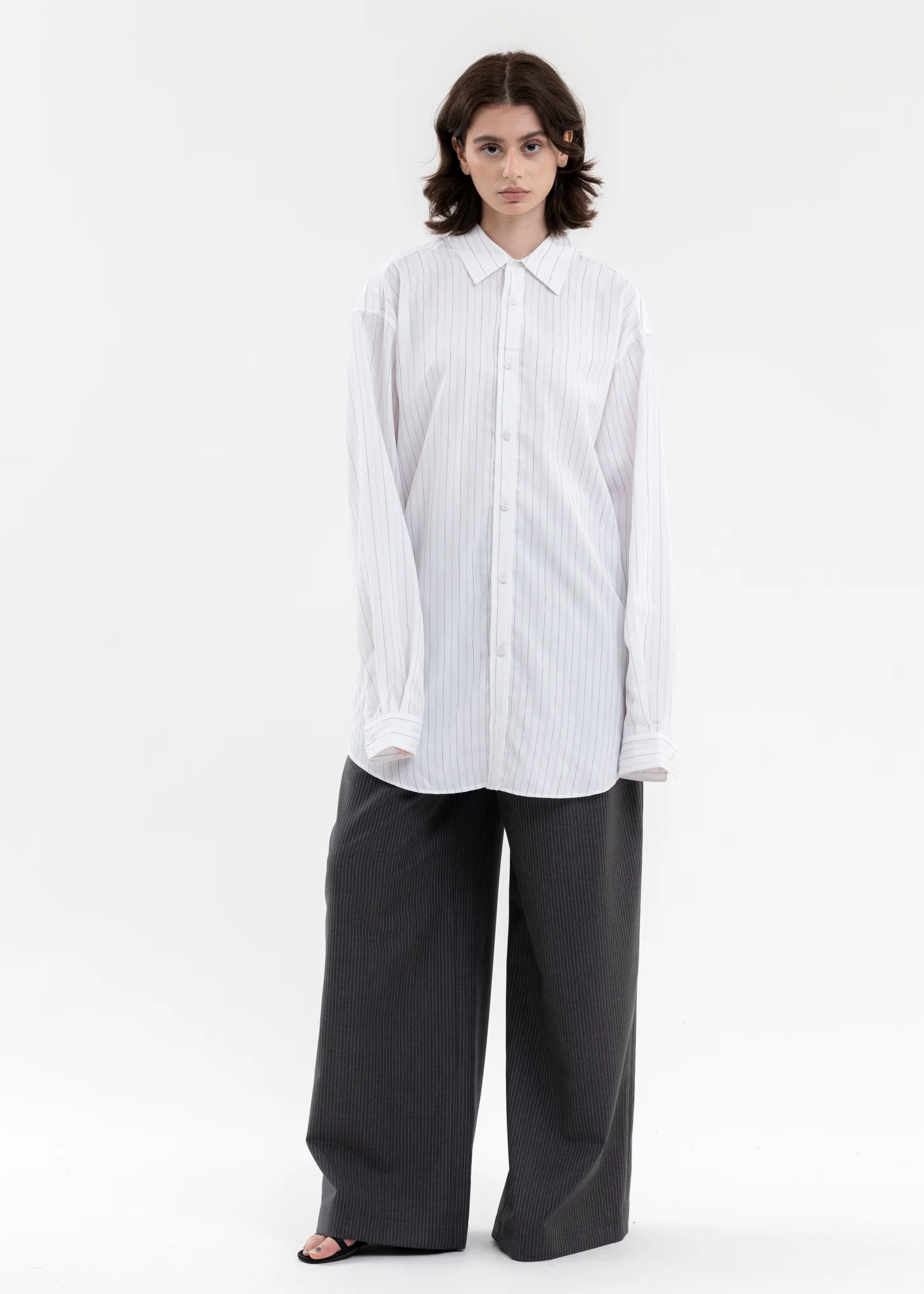 Grey And White Chunky Stripes Buttoned Shirt - Image 5