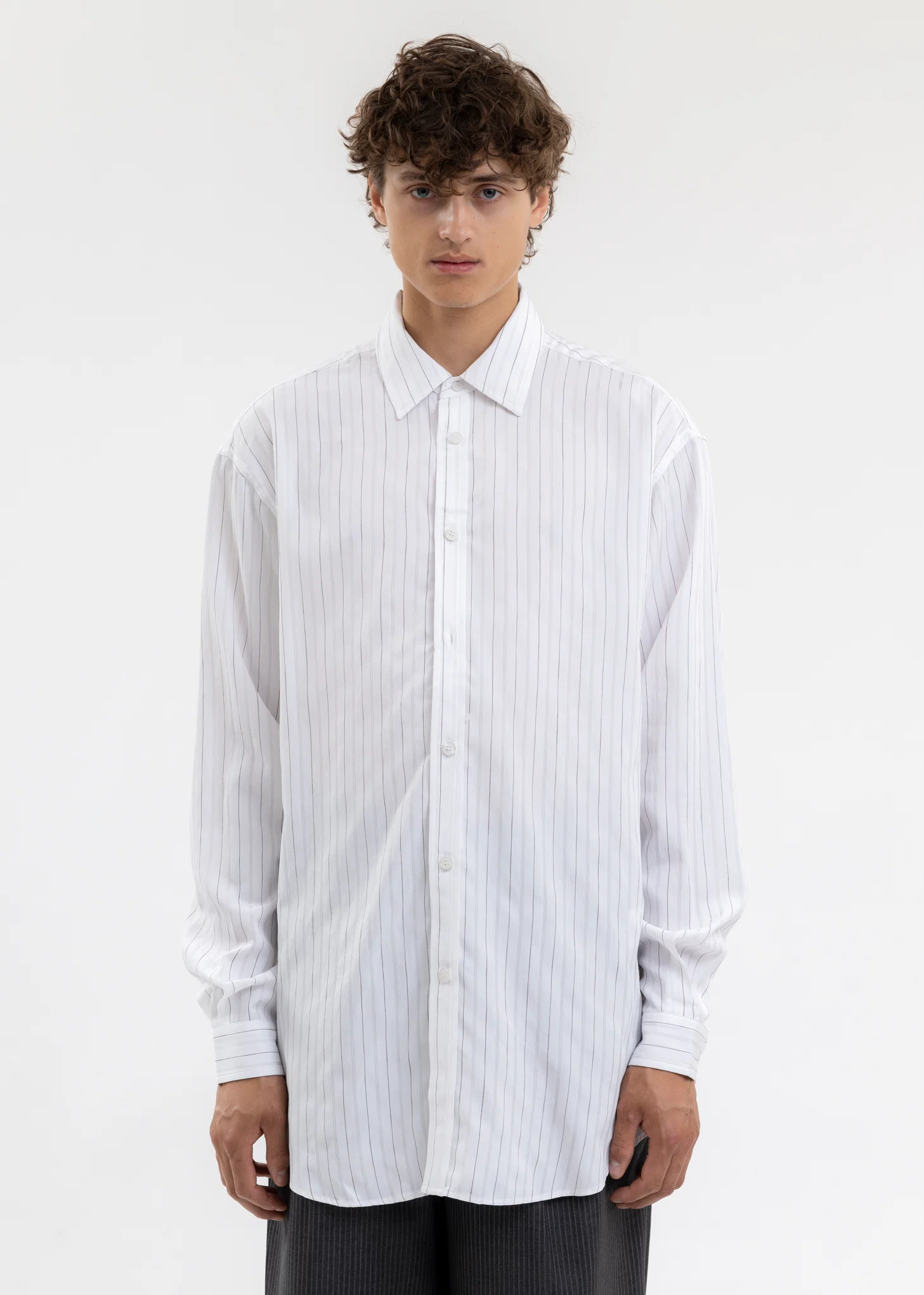 Grey And White Chunky Stripes Buttoned Shirt