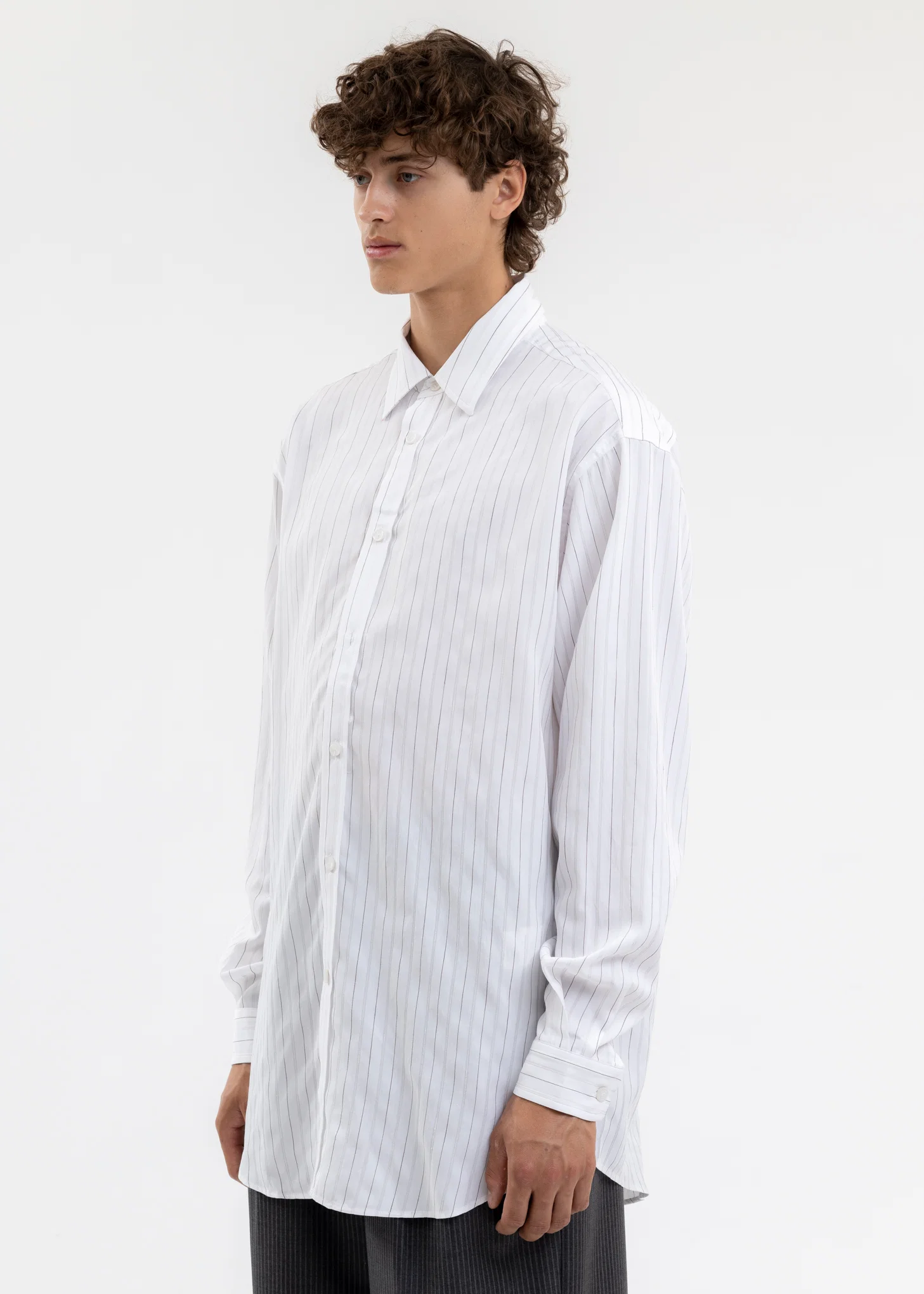 Grey And White Chunky Stripes Buttoned Shirt - Image 3